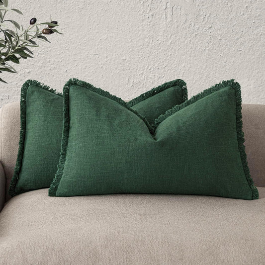 Foindtower Set of 2 Decorative Linen Fringe Lumbar Throw Pillow Covers Boho Farmhouse Cushion Cover with Tassels Soft Accent Pillowcase for Couch Sofa Bed Living Room Home Decor,12×20 Inch,Pine Green