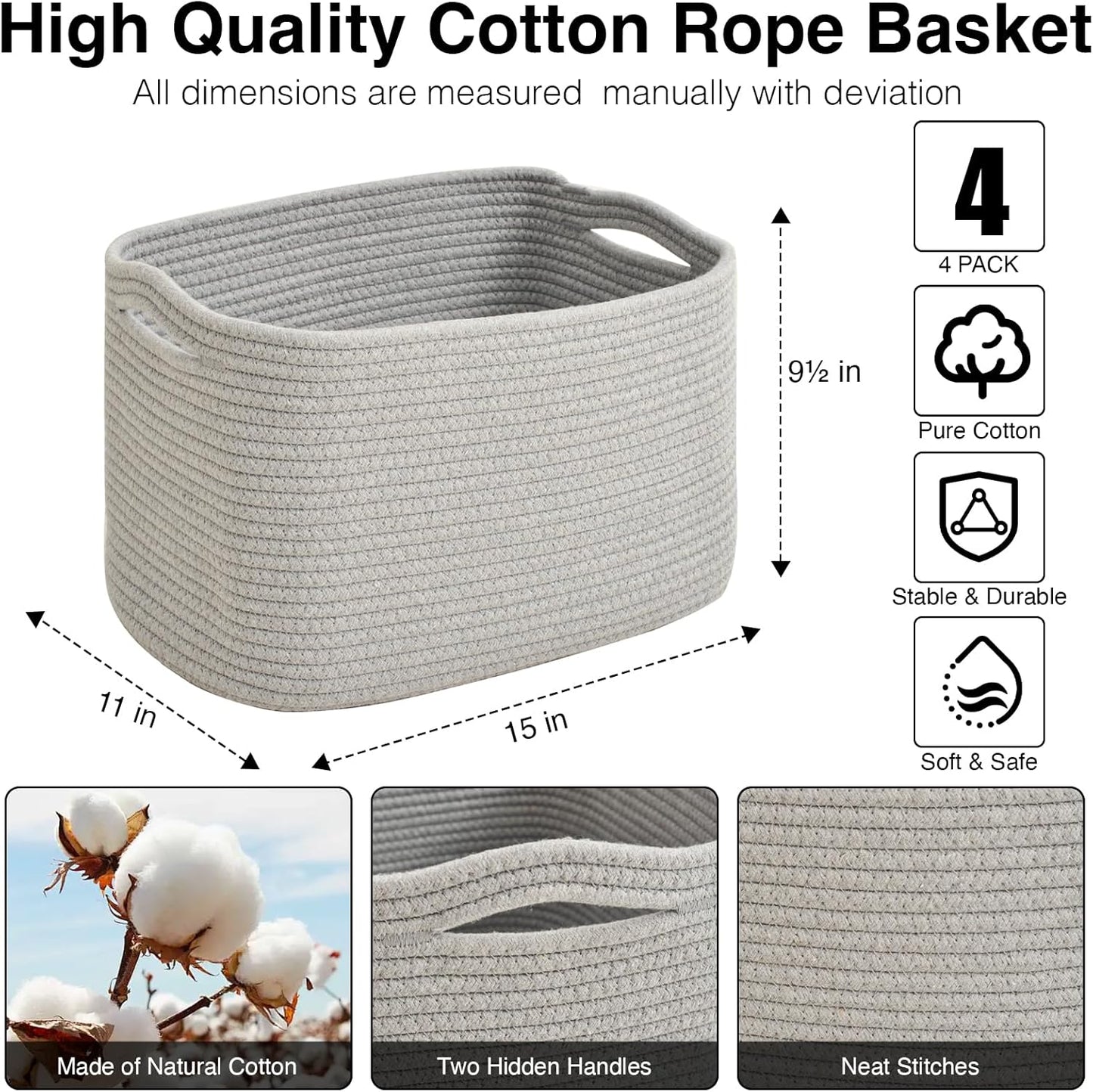Storage Baskets for Organizing & Shelves, Woven Cotton Rope Organization Bins for Dog Toys, Clothes, Books, Nursery Organizer, 15" Lx11 Wx9.5 H, (4 Packs) Grey