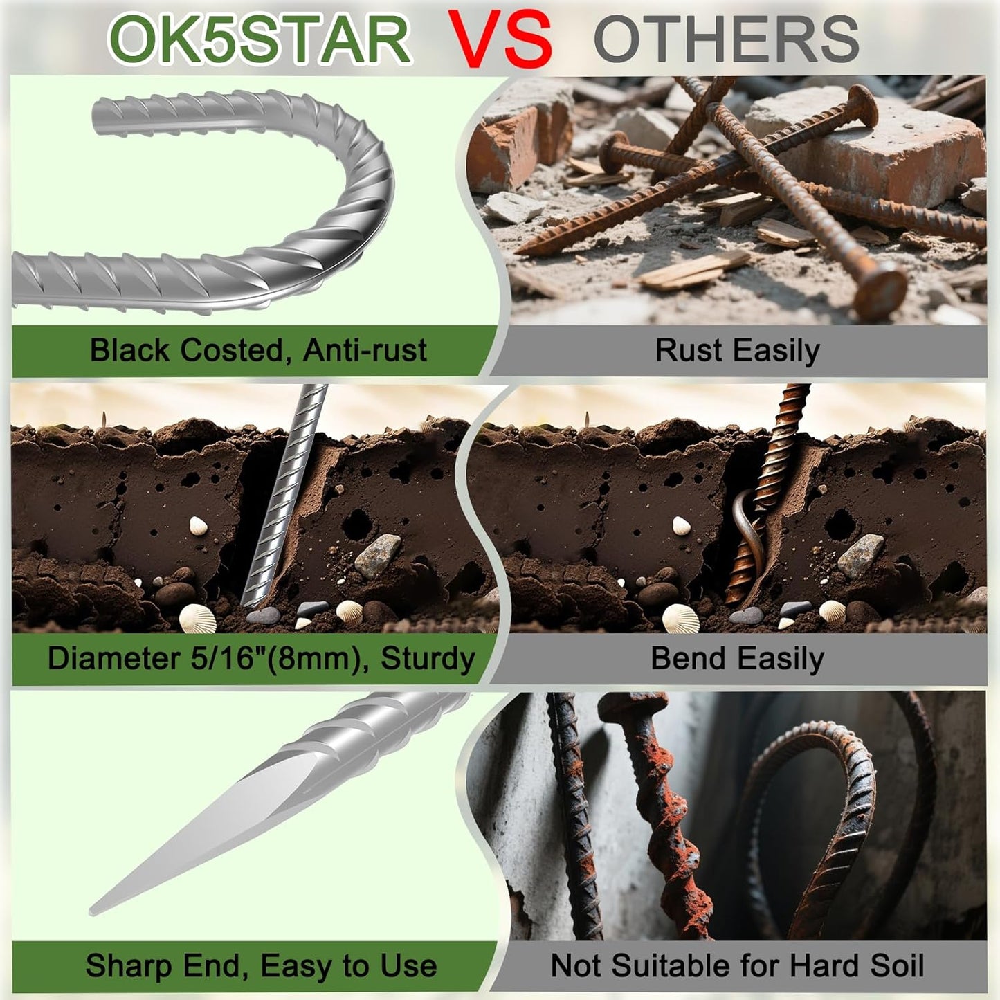 Rebar Stakes 12 Inch, 30 Pack Galvanized Metal Tent Stakes Heavy Duty Ground Stakes, J Hook Steel Fence Stakes for Ground, Outdoor Decoration, Wire Fencing, Gardening