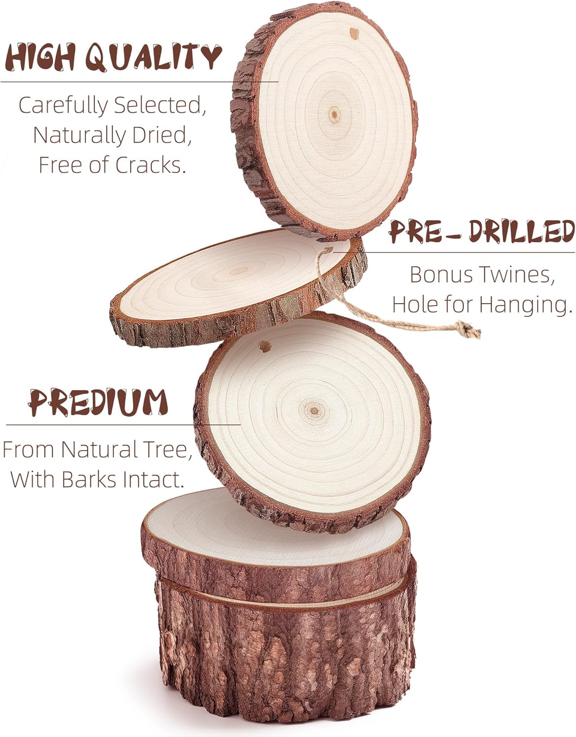 Unfinished Wood Slices with Hole, Natural Wood Circles Blank with Bark for DIY Crafts, Home Decor, Christmas Ornament (30Pcs, 3.1-3.5 Inch)