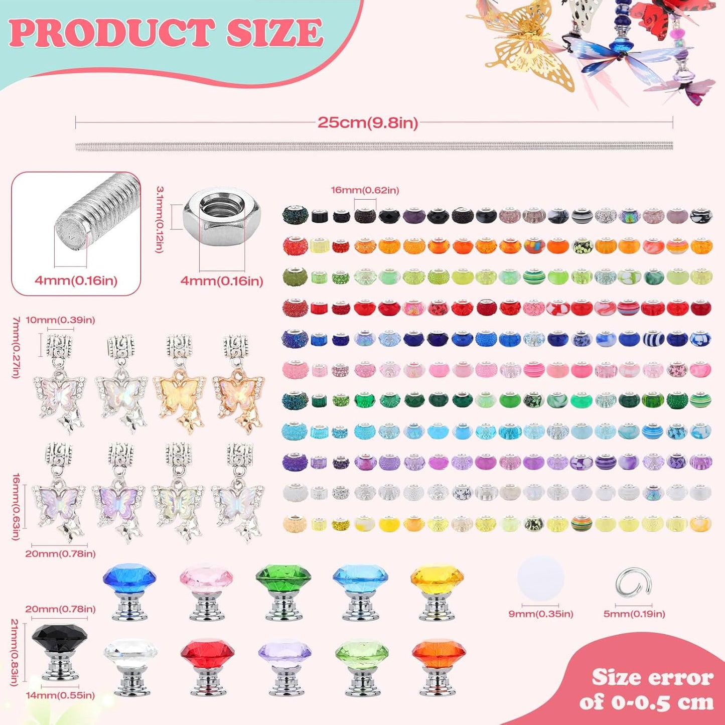 380pcs Beaded Garden Stake, DIY Butterfly Fairy Wand Garden Stake Kit with 10IN Threaded Rod Crystal Stopper Top Large Holes Beads Butterfly Decoration Pendants Outdoor Fairy Garden kit