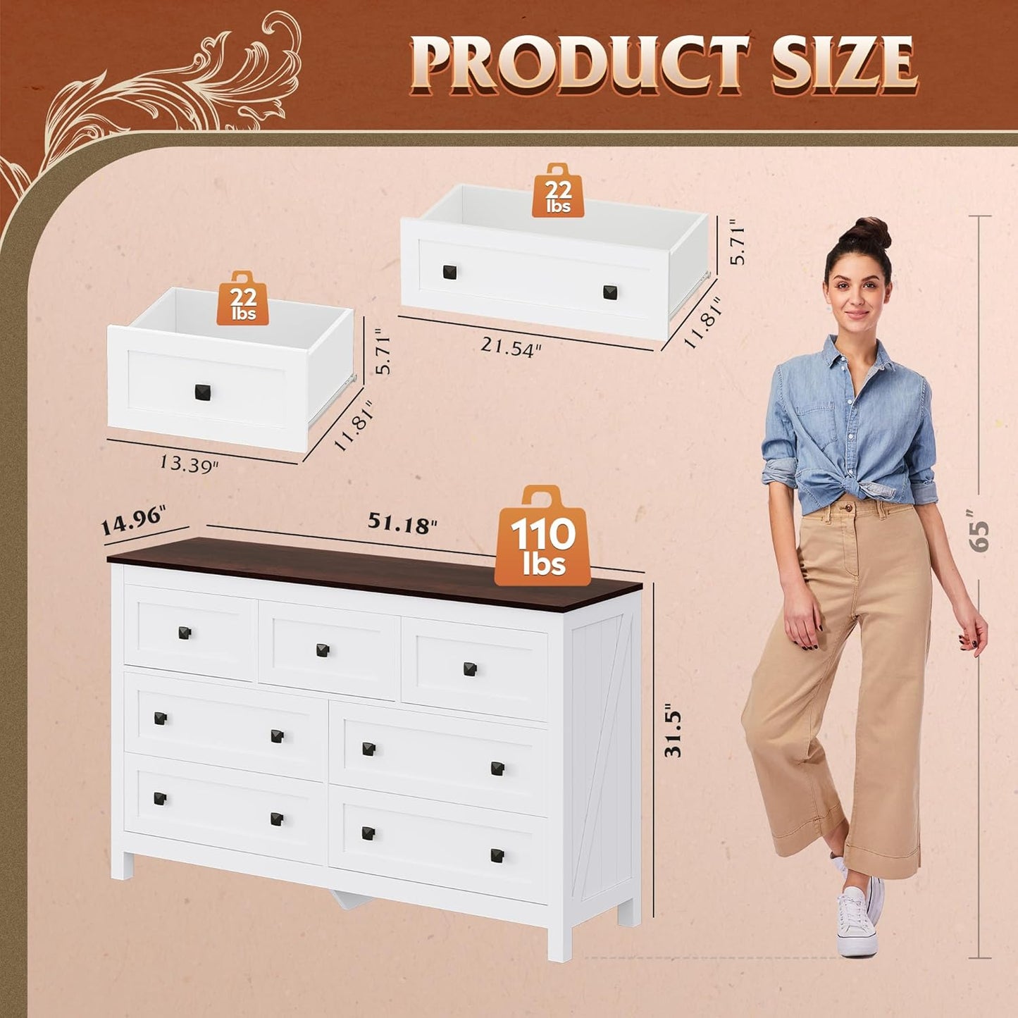 WLIVE Farmhouse Dresser for Bedroom, 51.18'' Wide 7 Drawer Wood Dresser, White TV Stand for 65 inch TV, Wooden Chest of Drawers for Bedroom, Modern Clothes Organizer for Living Room, Hallway