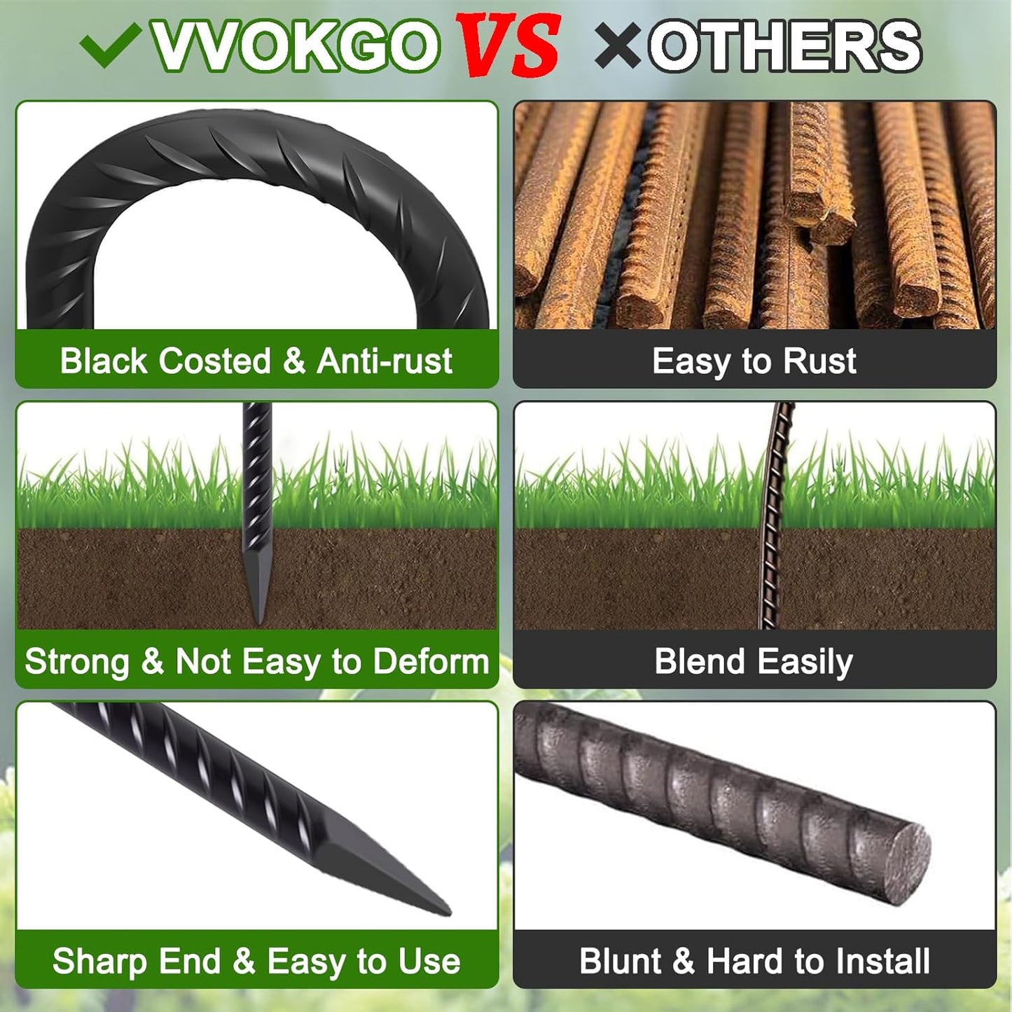 VVOKGO Trampoline Stakes 12 Inches Anchors High Wind Heavy Duty, 8-Pack U Shaped Tie Down Anchor Kit for Ground, Camping Tent, Soccer Net, Swing Set, Black