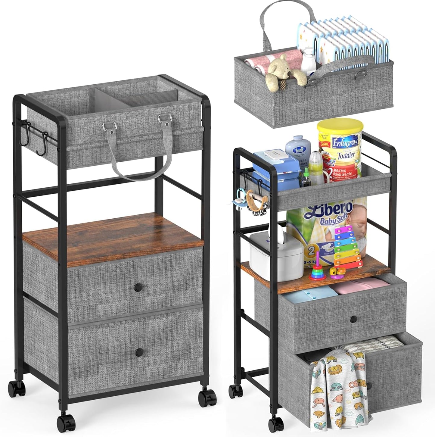 2IN1 Baby Diaper Caddy Organizer & 4-Tier Rolling Cart, Bedside Cart for Baby Essentials Nursery With Drawers, Metal Mobile Diaper Caddy Cart with Wheels, Storage Basket with Dividers for Baby Shower