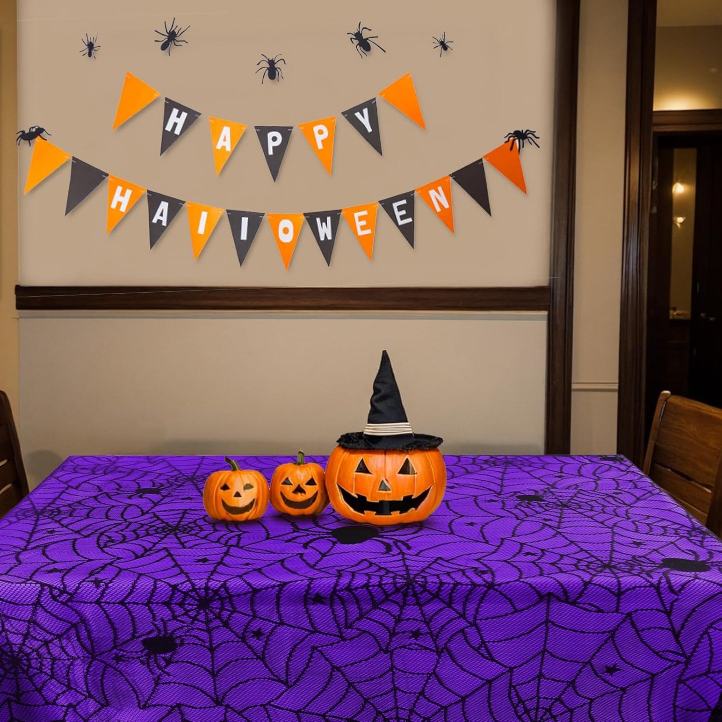2Pcs Halloween Tablecloths, Black Lace & Purple Lined Rectangular Table Cloth, Spider Web Table Cover for Scary Halloween Decorations Indoor, 54 x 72 Inch