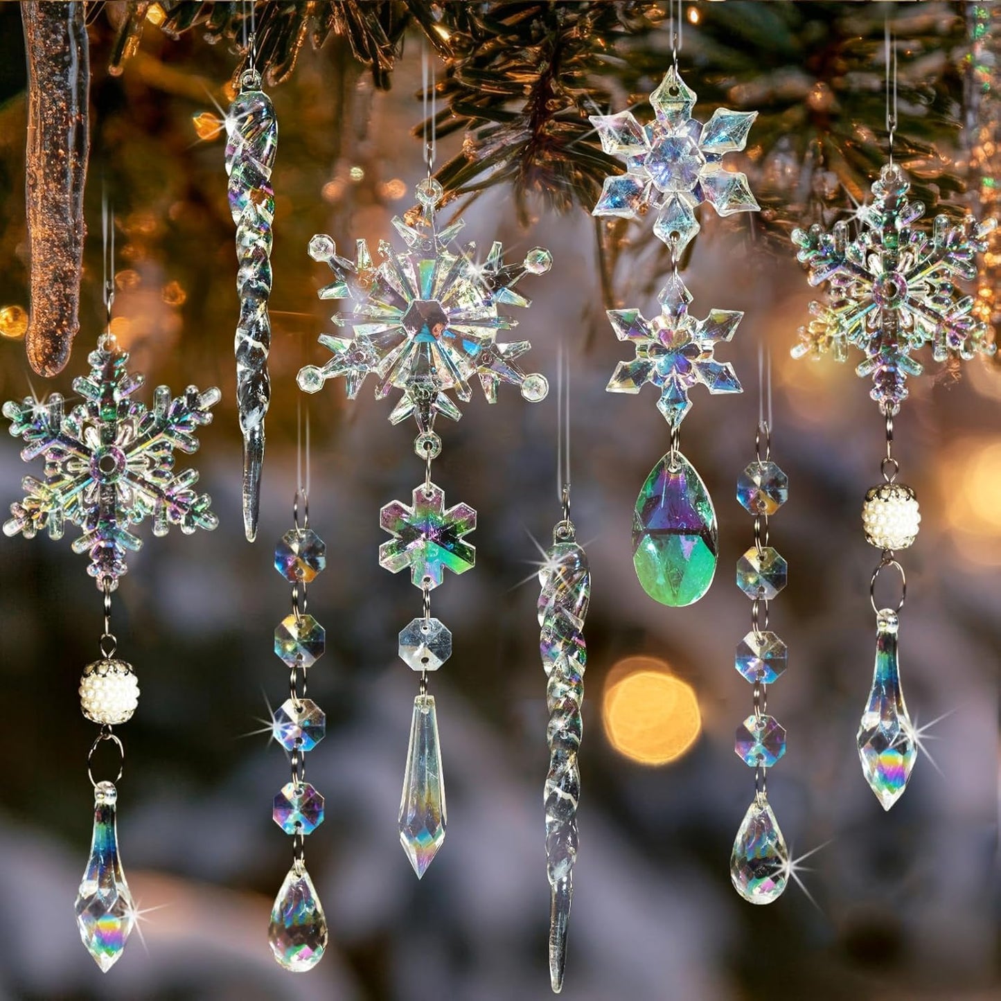 32pcs Christmas Decoration Crystal Ornaments - Iridescent Christmas Tree Ornaments Acrylic Snowflakes Drop Icicle Pendants Hanging Ornaments for Xmas Tree Winter Holiday Frozen Party Decorations