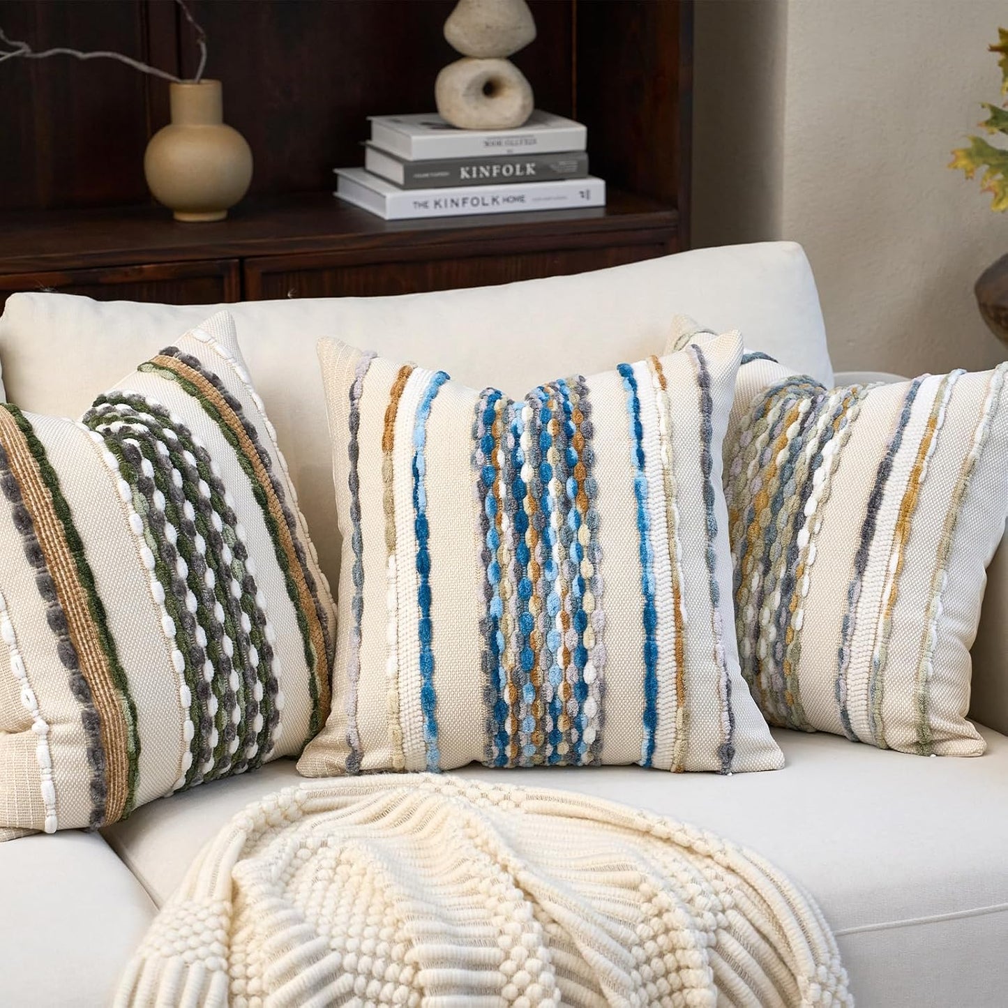 Aeckself Boho Pillow Covers 18x18 Inch Set of 2, Farmhouse Decorative Striped Square Chenille Tufted Accent Neutral Throw Pillow Covers for Living Room Couch Bed, Sky Blue