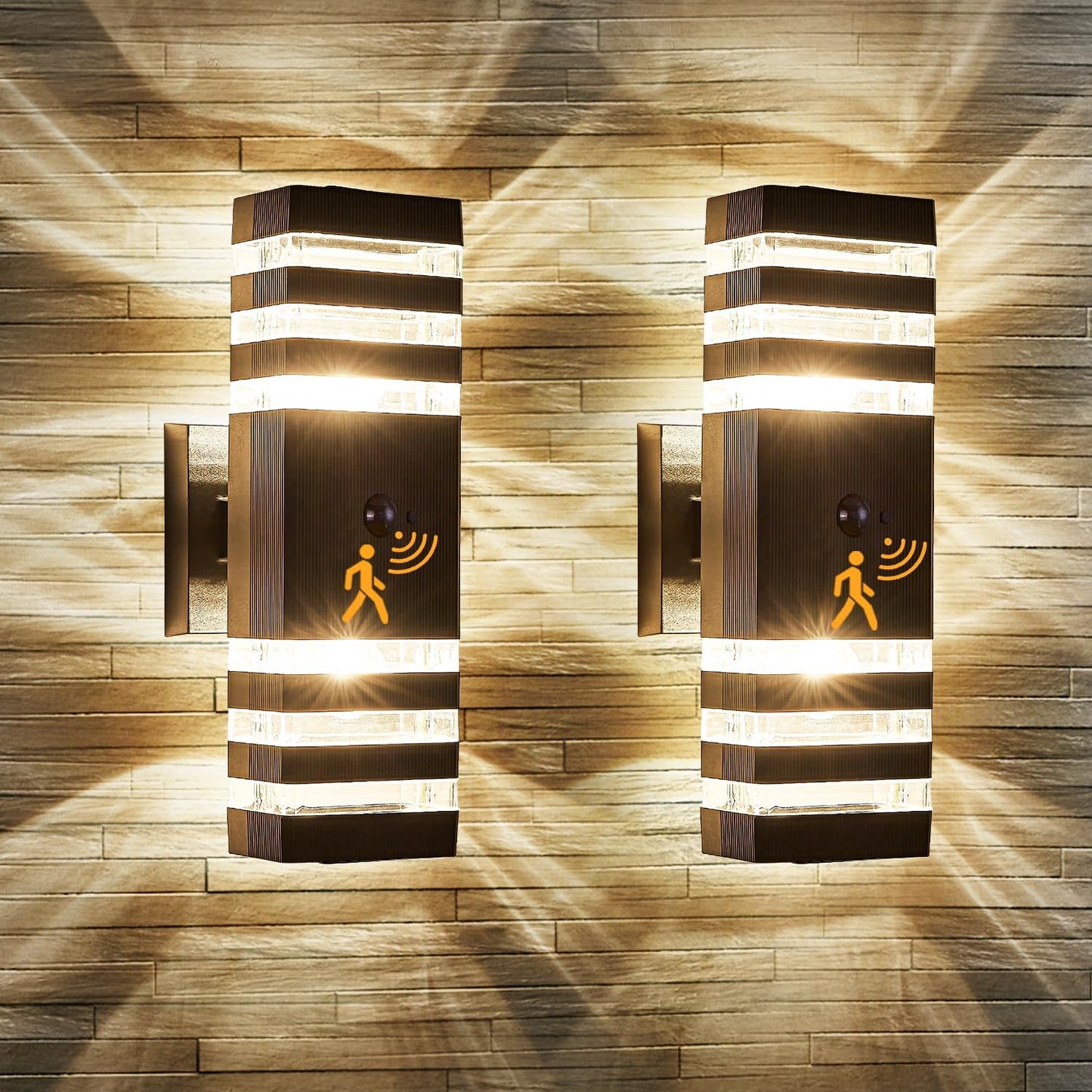 2 Pack Motion Sensor Outdoor Wall Light Fixture Up Down Porch Lights Modern Dusk to Dawn Exterior Sconce Light Wall Mount Outside Coach Lantern for House Front Door Garage (With 4 Dimmable Warm Bulbs)