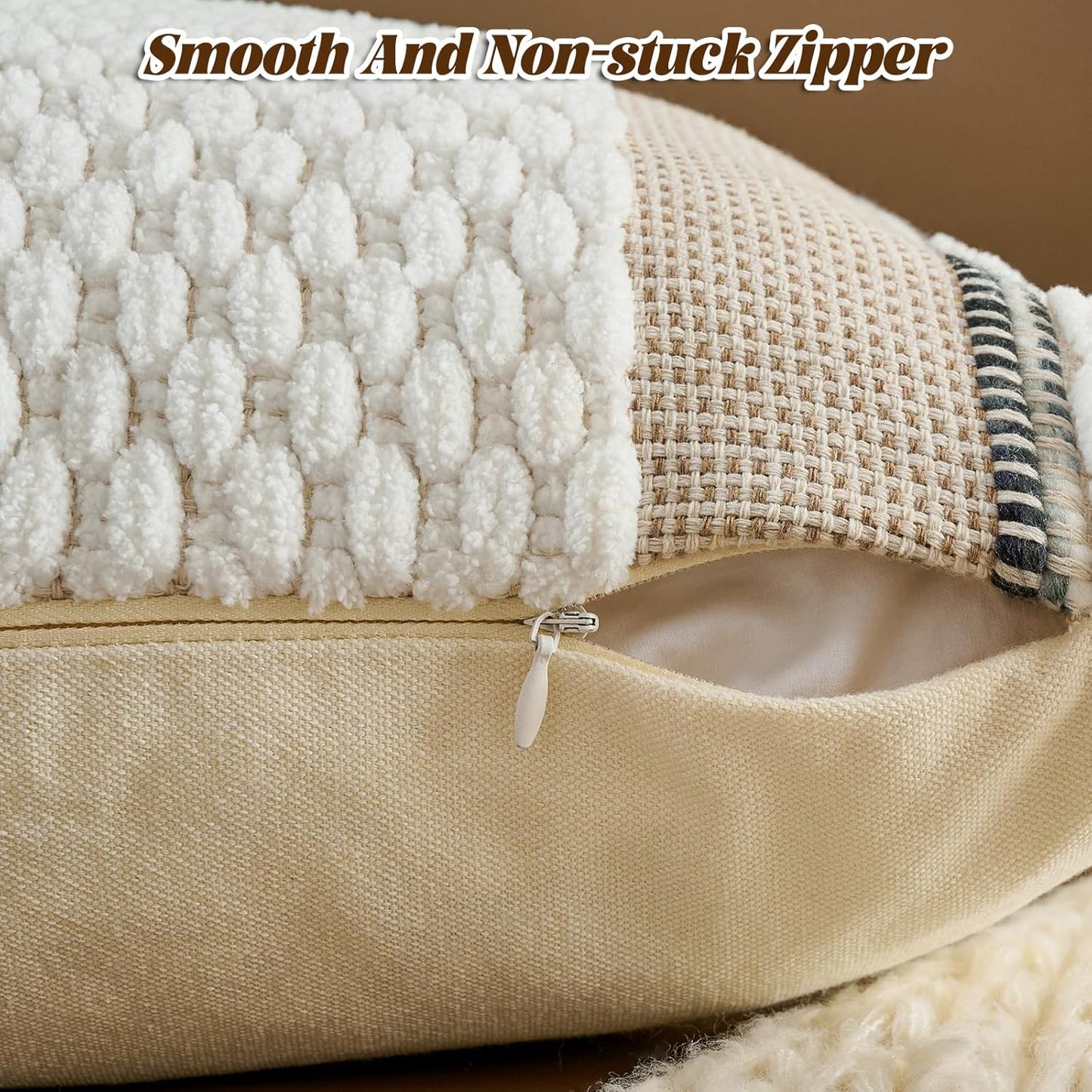 AmHoo Chenille Striped Textured Boho Throw Pillow Covers Aesthetic with Tassels Woven Decorative Pillow Case for Couch Bed Sofa Bedroom Modern Funky 18 x 18-Inch White