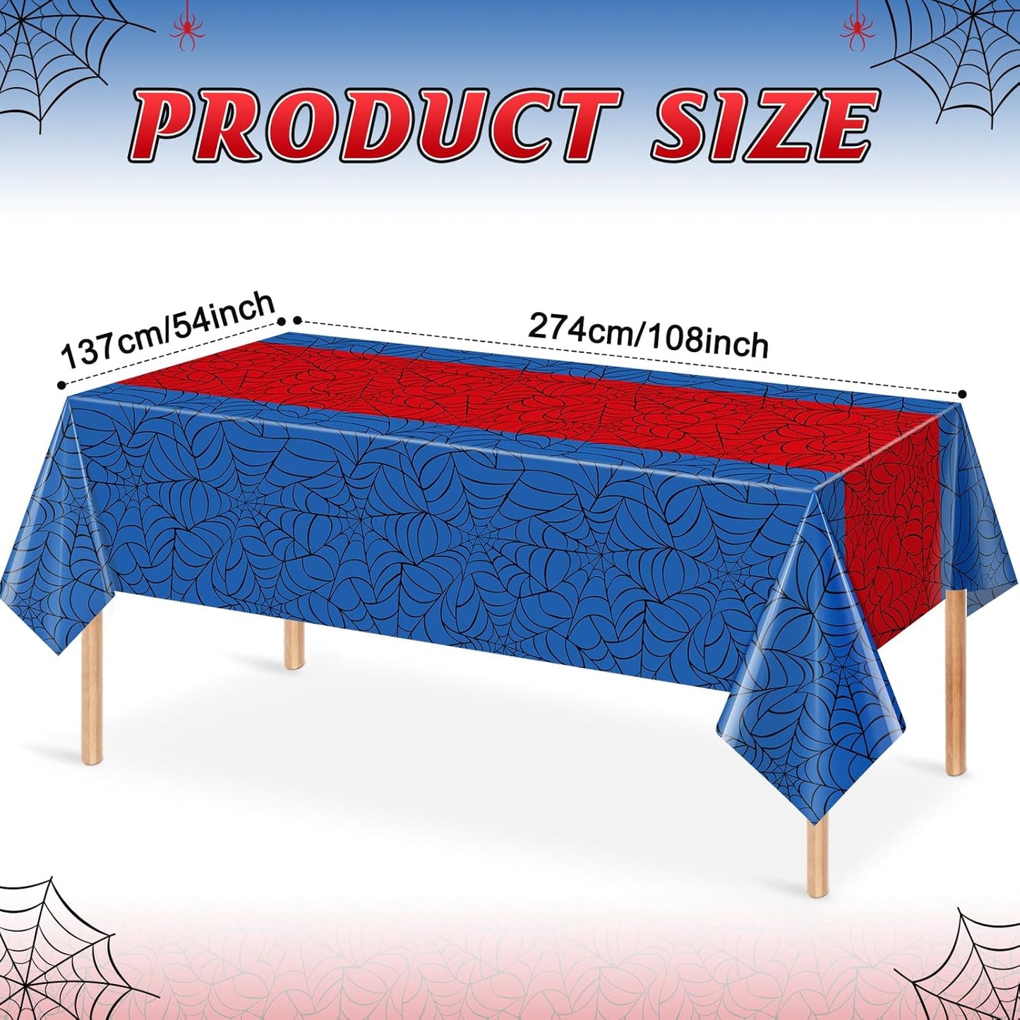 3Pcs Spider Web Themed Birthday Party Tablecloth Decorations,Blue Hero Plastic Table Cover with Red Runner Disposable Rectangle Table Cloth for Baby Shower Kids Boy Birthday Party Supplies,54x108 Inch