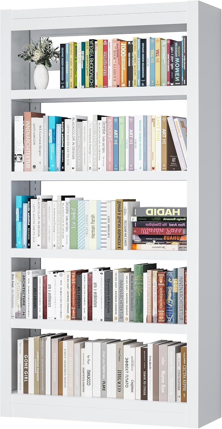 Metal Bookshelf Adjustable - 61" Tall White Bookcase, 5 Tier Book Shelf, Tooless Assembly Book Case, Modern Bookshelves and Bookcases for Home Office, Living Room, Bedroom, Study, Library