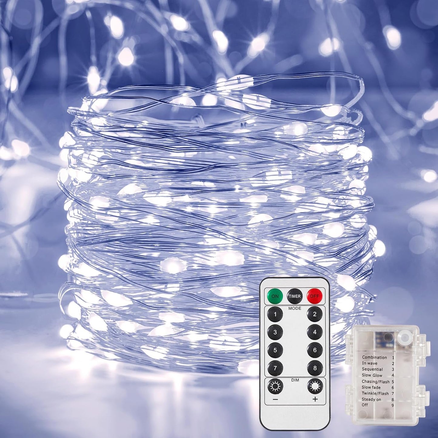 4 Pack 65.6 Ft. Battery Operated Outdoor String Lights with Remote & Timer, LED Cool Whit Fairy Lights, Waterproof Twinkle Lights for Bedroom, Dorm, Mason Jar, Wedding, Party, Christmas