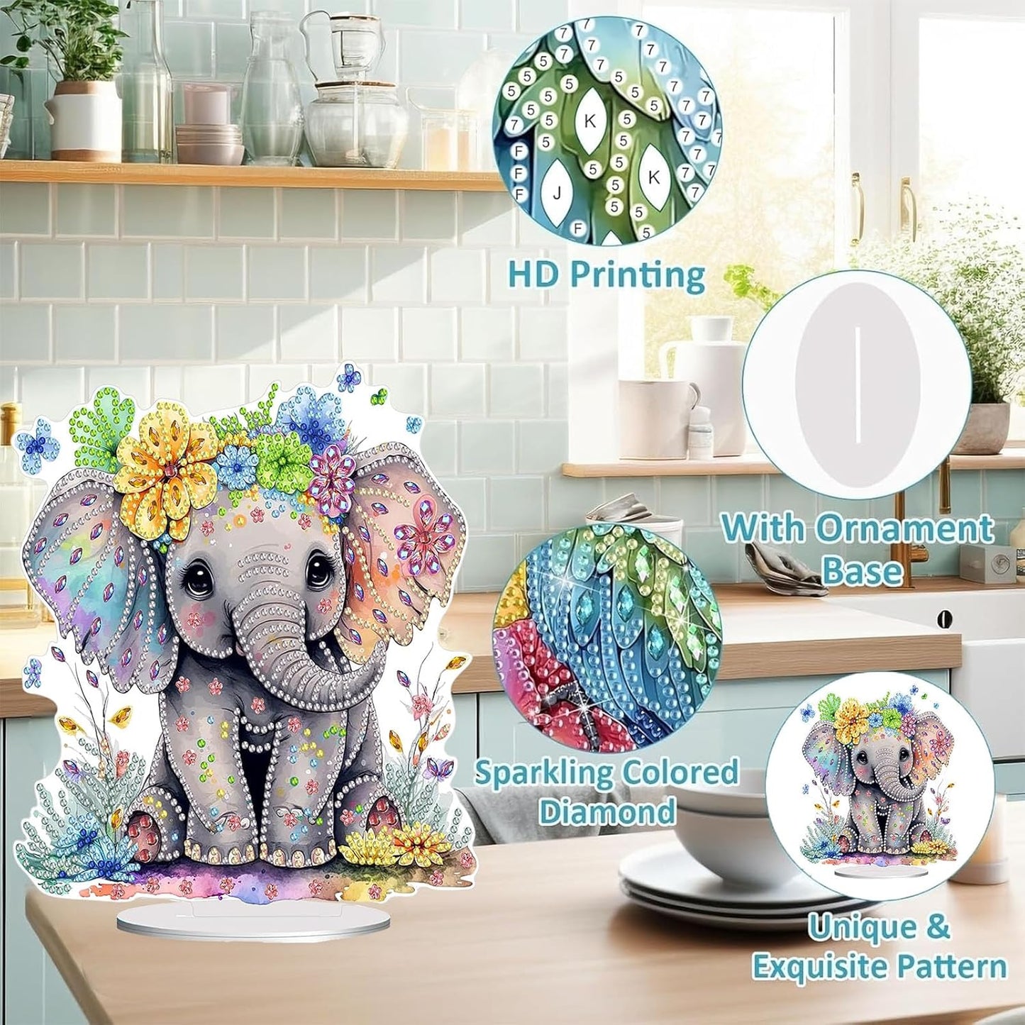 Diamond Painting Kits for Adults Beginners, 5D Full Drill Elephant Crystal Art Desktop Ornament, DIY Single Sided Home Office Desk Decor, Creative Craft Gift Set with Tools