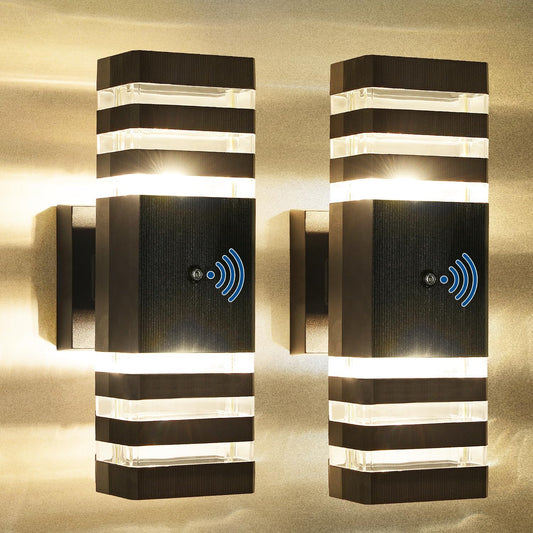 2PK Dusk to Dawn Sensor Outdoor Wall Lights Up Down Porch Lights Modern Exterior Light Fixtures Photocell Waterproof Black Aluminum Housing for Front Porch, Patio, Garage (Use Two E26 Bulbs)