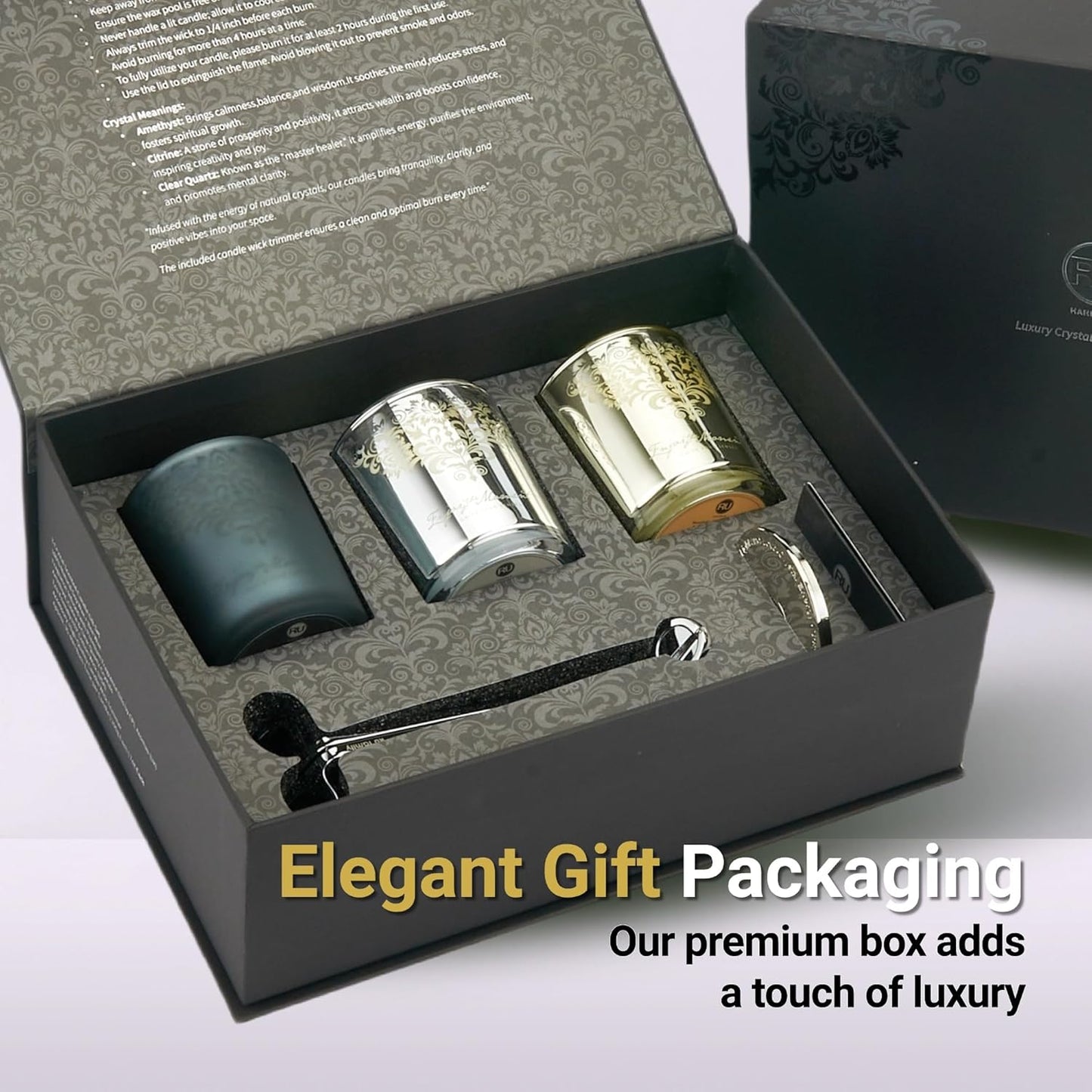 Luxury Scented Candles Gift Set – 3 Crystal Soy & Beeswax Aromatherapy Candle with Snuffer Lid & Wick Trimmer,7oz/each | Floral & Citrus Scents, Candle for Women, candles for home Scented & Relaxation