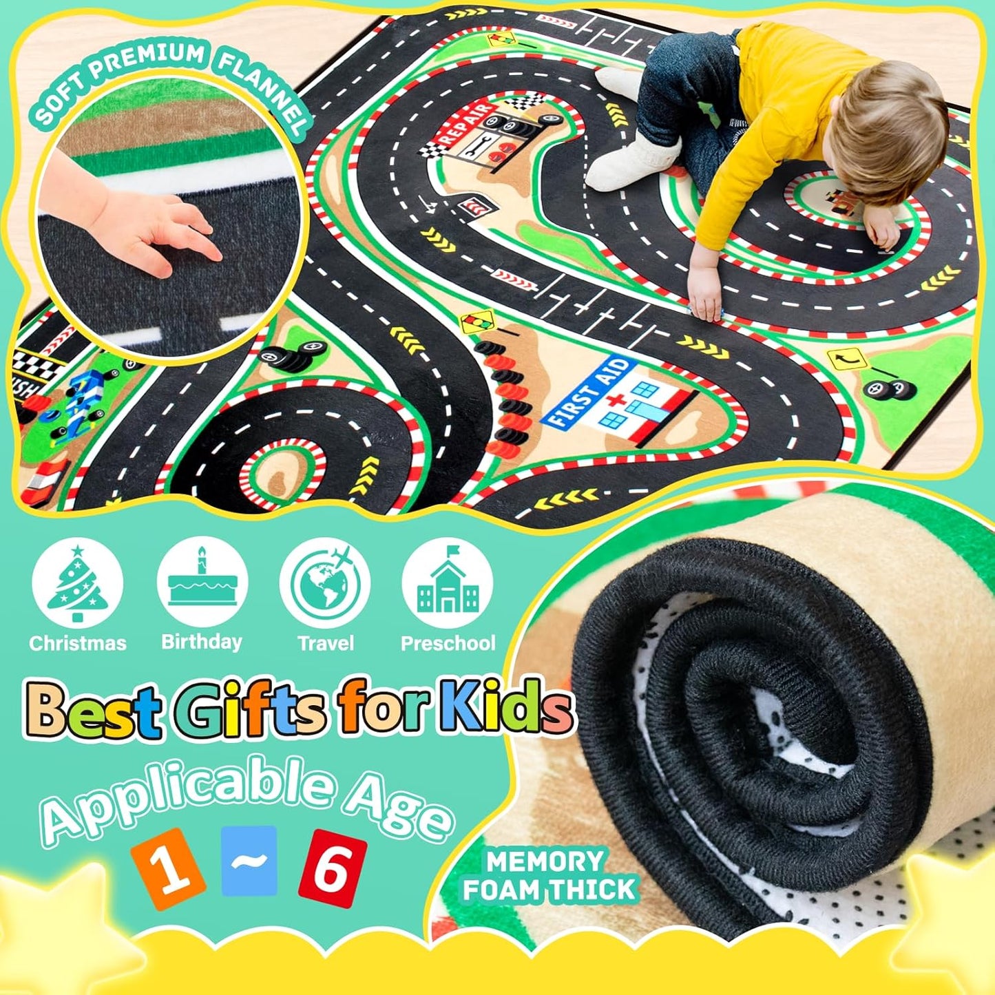 Kids Rug, Race Track Baby Play Mats, Realistic 3D Cascading Surround Route, 6x9 Ft Kids Rug for Playroom, Great for Playing with Cars and Toys, Non-Slip Car Carpet