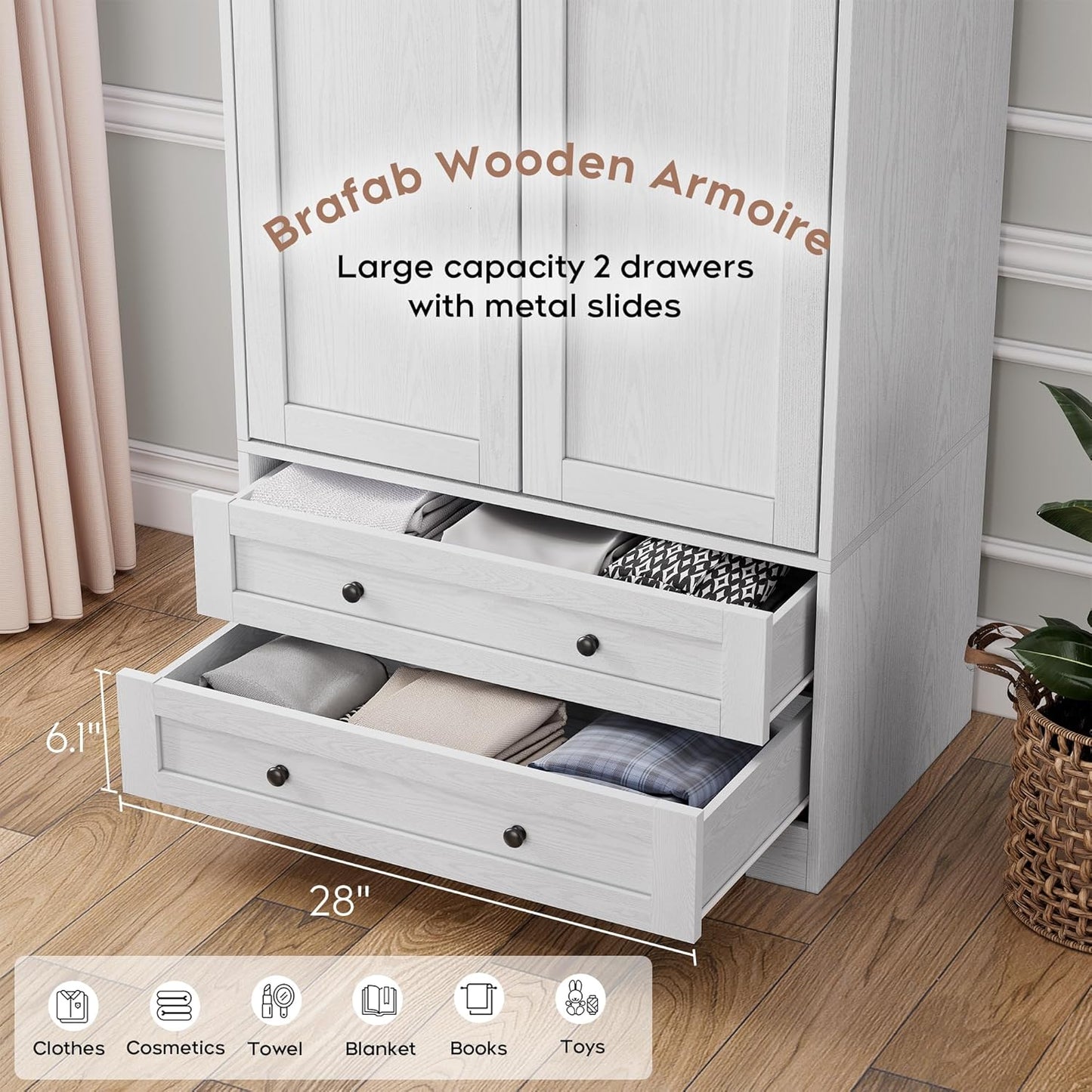 Brafab Armoire Wardrobe Closet with 2 Modern Doors, 71" Tall Freestanding Closet Wardrobe Cabinet with Drawers and Hanging Rail, Light Wooden Storage Cabinet with Shelve for Bedroom (White, 4 Doors)