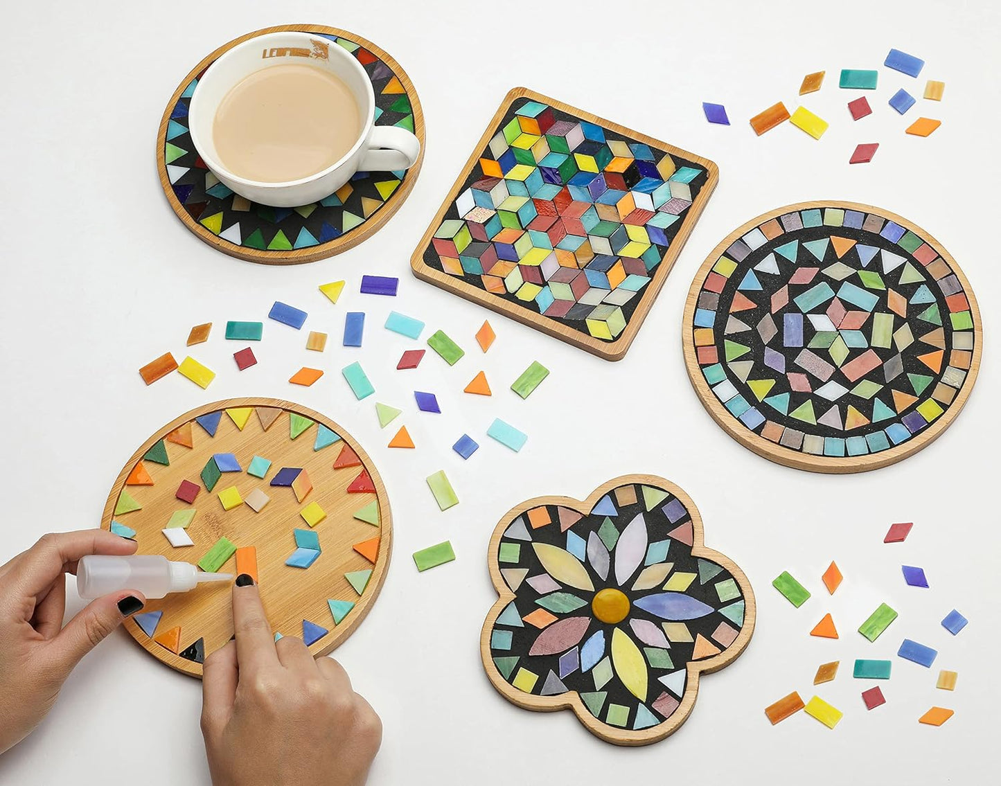 Lanyani 2 Sets of DIY Mosaic Craft Kits Mosaic Tiles Coaster Kit Make Your Own Mosaic Project Handmade Craft Set with Stained Glass Mosaic Tile Pieces for Decoration and Gift