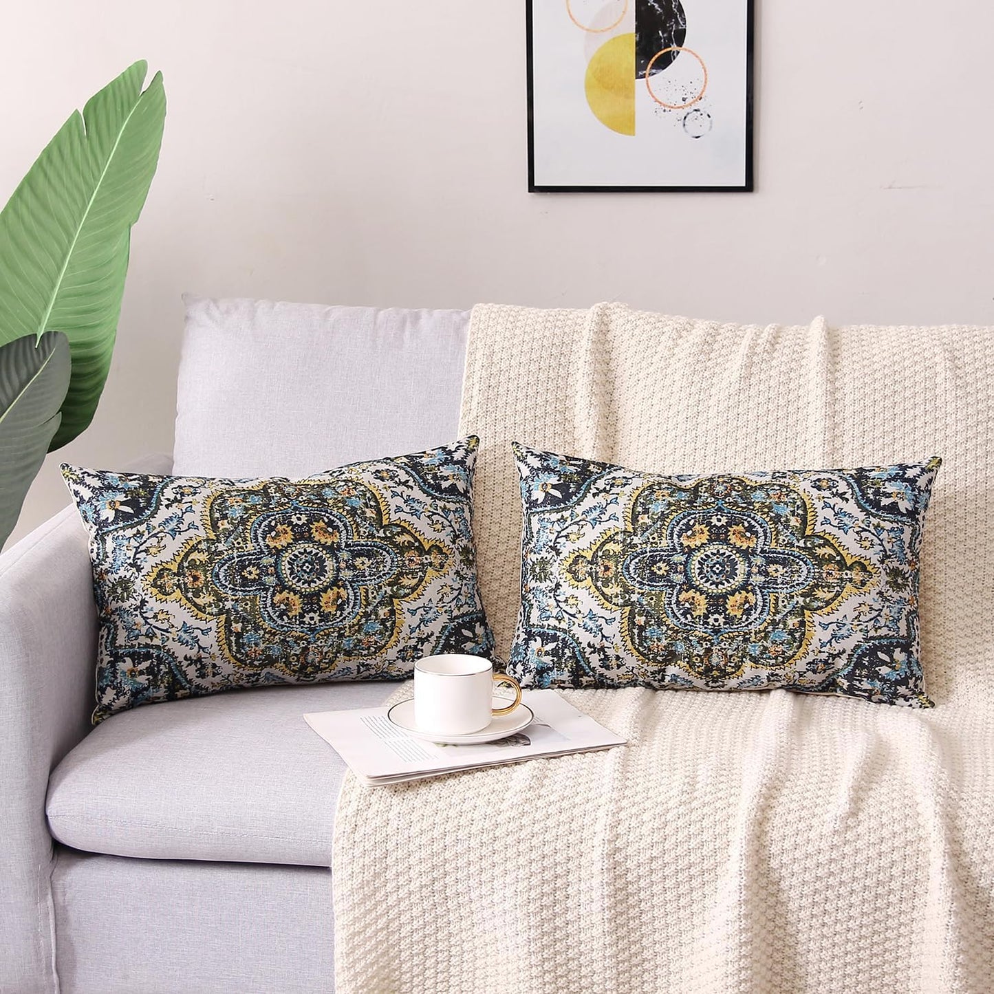 Outdoor Waterproof Pillow Covers 12X20 Set of 2 Bohemian Vintage Carpet Pattern Pillow Covers Green Blue Ethnic Design Decorative Farmhouse Cushion Case for Couch Garden