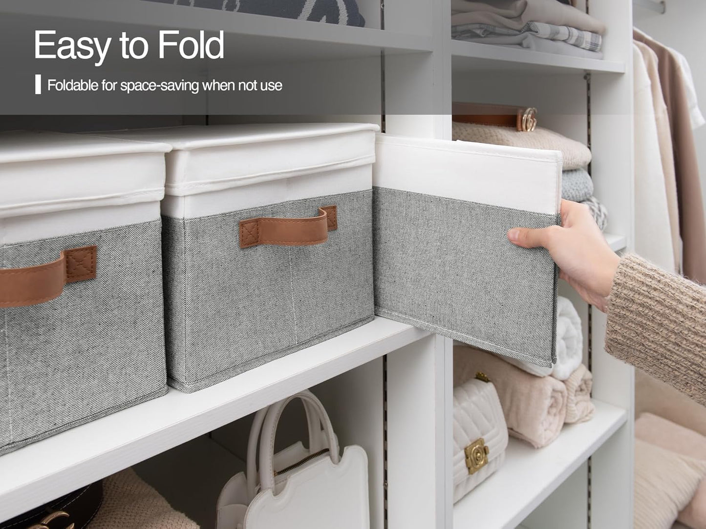 StorageWorks Storage Bins with Lids, Decorative Storage Boxes with Lid and PU Handles, Foldable Storage Baskets for Closet, Shelves, Stackable, Gray and White, Jumbo, 3-Pack