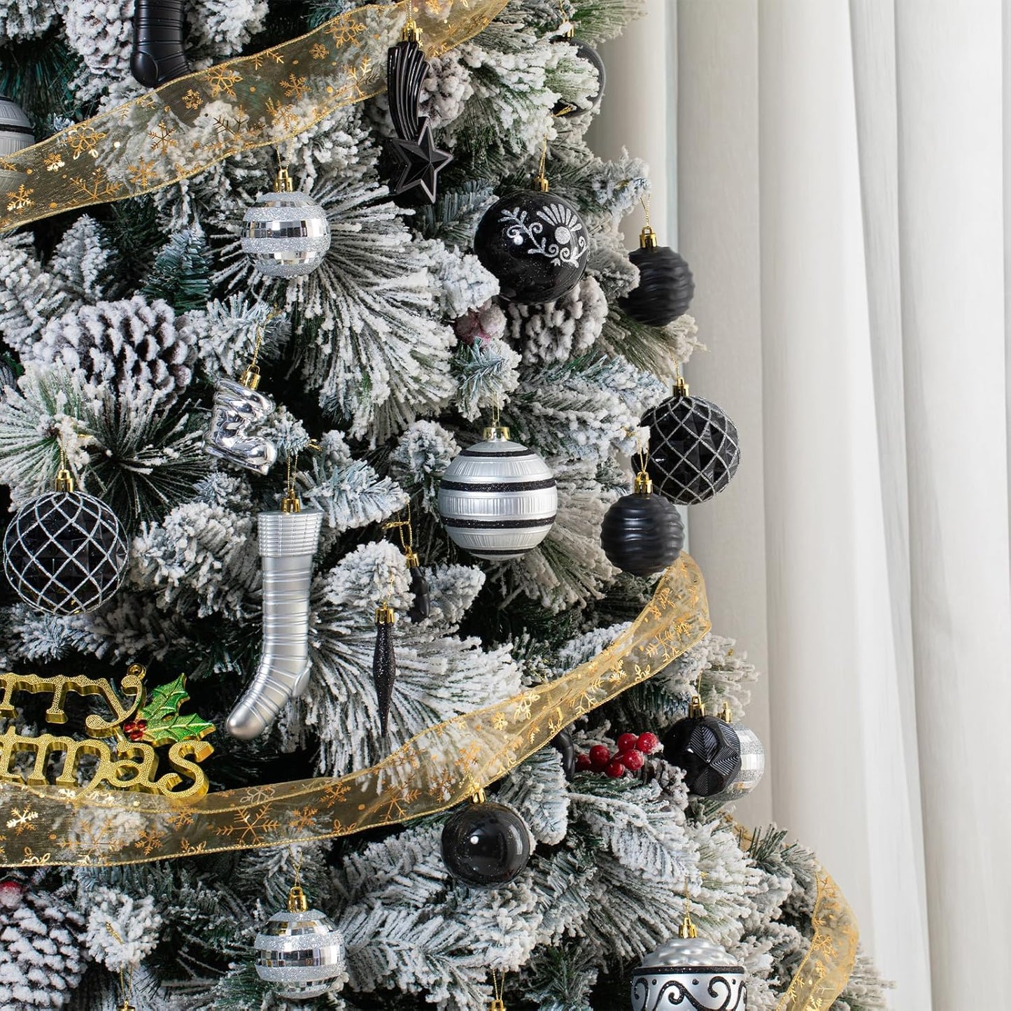 150PCS Black and Silver Christmas Ornaments - Shatterproof Ball Set, Assorted Baubles Hanging Decorations for Xmas Tree, Home, Festival, Party, Wedding