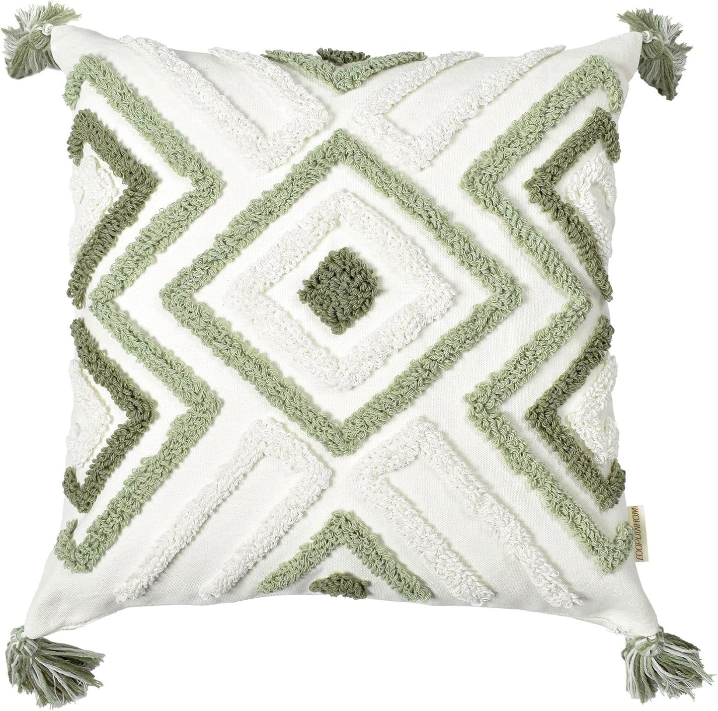 Boho Pillow Covers 18X18 Inch Boho Tufted Throw Pillow Covers Decorative Tassels Cushion Cover Farmhouse Pillow Case for Couch Sofa Bed Living Room Bedroom, Green
