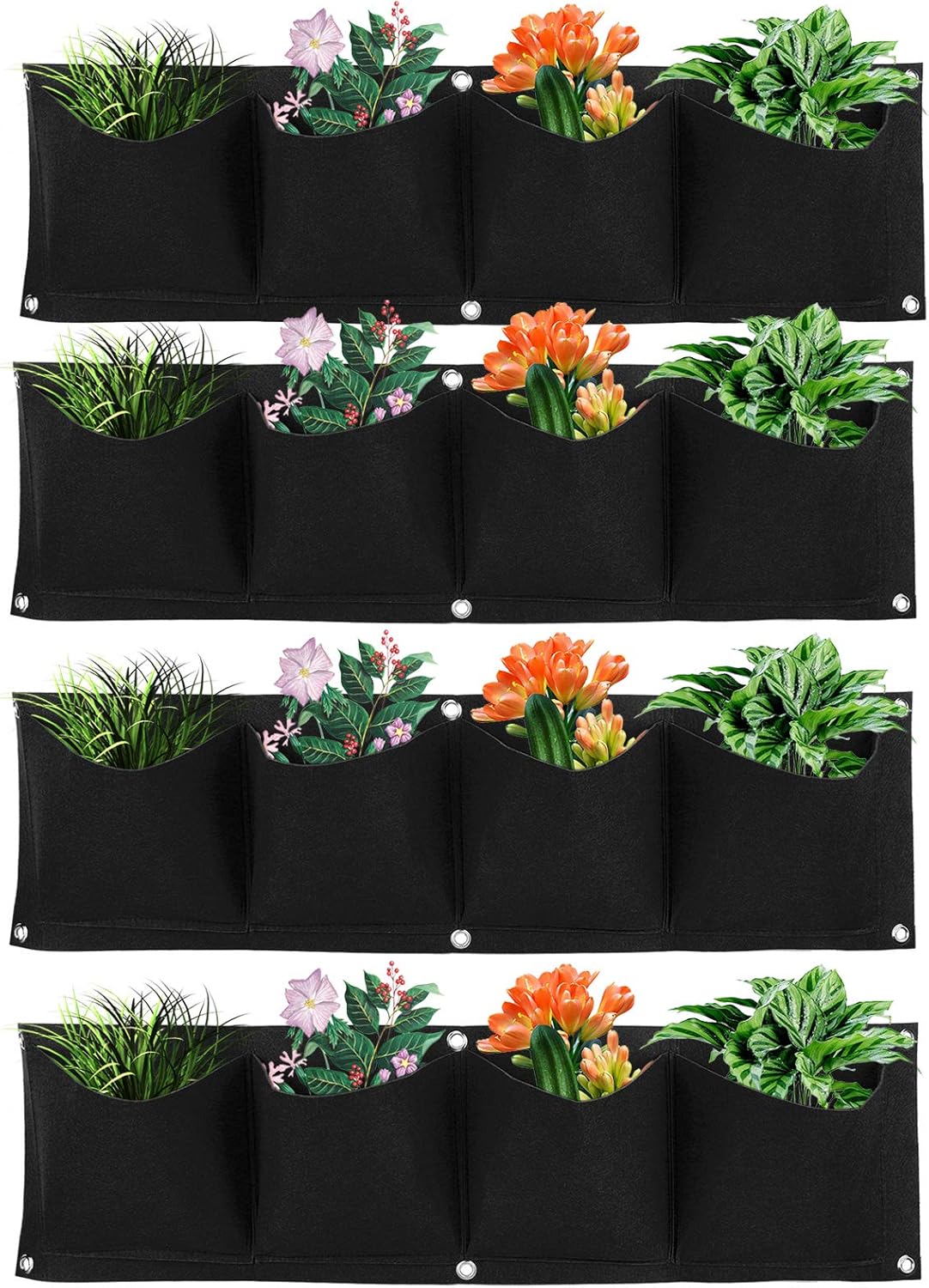 4Pcs 4 Pocket Felt Vertical Wall Garden Planter Plant Grow Bag Reusable Wall Mounted Planting Growing Bag for Flower Vegetable(Black)
