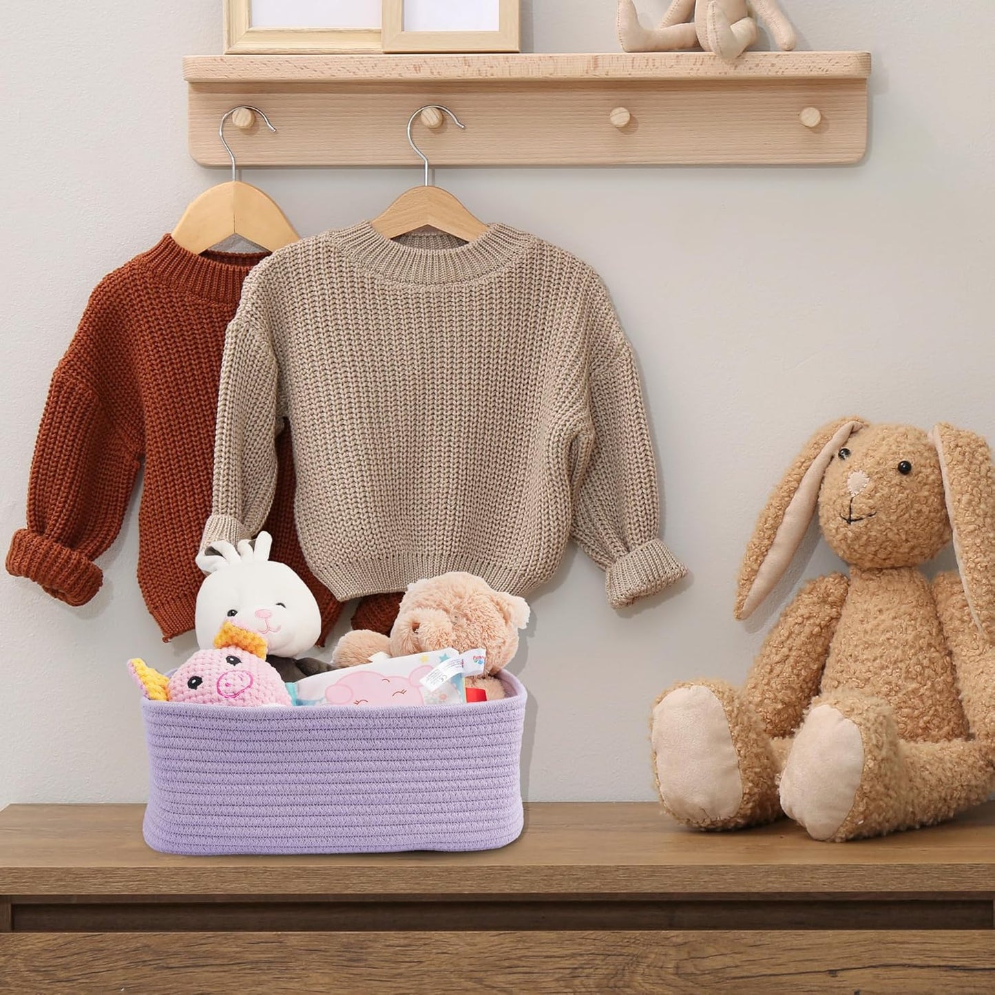 Small Woven Storage Baskets 13“X9”X5“ Decorative Rope Bins for Organizing Shelves, Closets, and Toys, Empty Gift Baskets, Cute Organizer Basket for Home and Office (purple, Large)