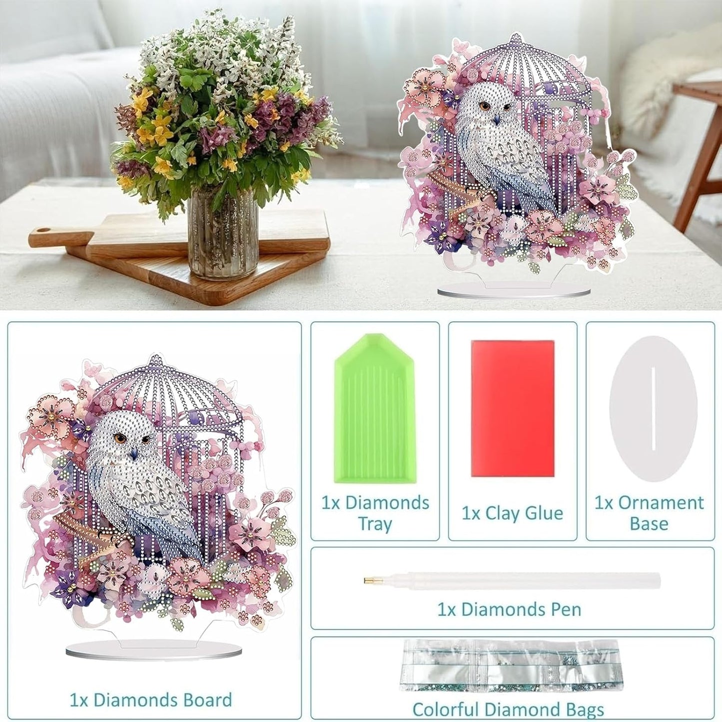 Diamond Painting Kits for Adults Beginners, 5D Full Drill Owl Crystal Art Desktop Ornament, DIY Single Sided Home Office Desk Decor, Creative Craft Gift Set with Tools