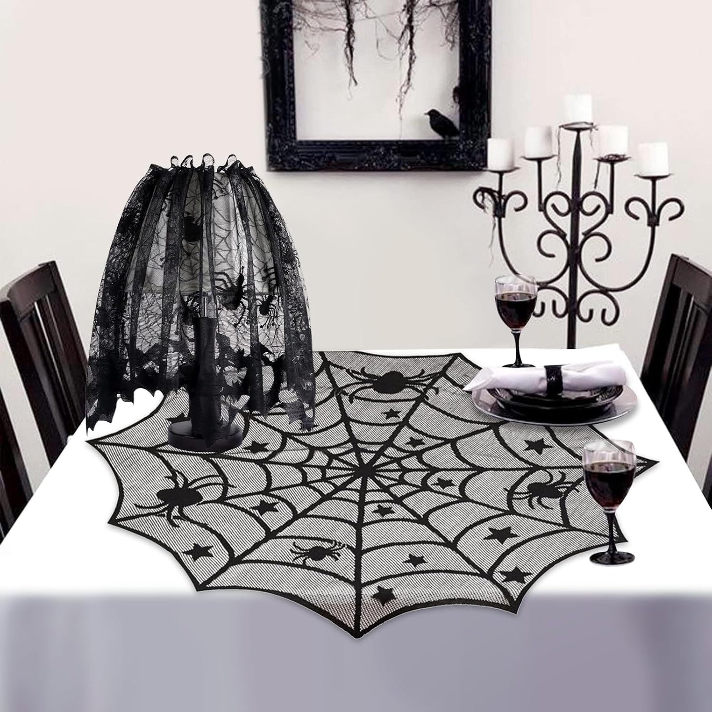 5Pack Halloween Decorations Indoor Halloween Decor Black Lace Table Runner Fireplace Mantel Scarf Round Tablecloth Cobweb Lampshade with 32 Pcs 3D Bat Wall Stickers