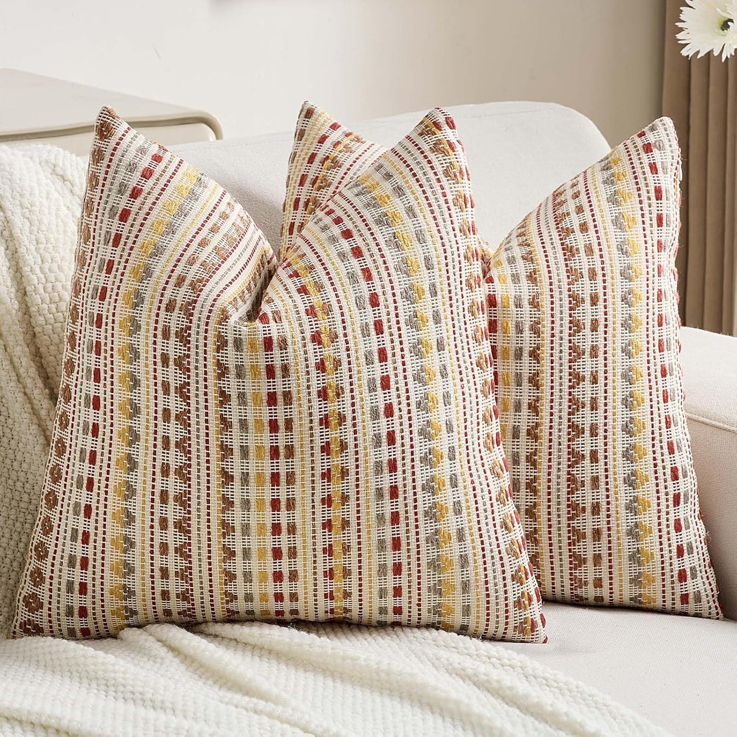 FUTEI Brown Red Decorative Throw Pillow Covers 18x18 Inch Set of 2,Soft Cozy Chenille Jacquard Textured Cushion Case,Boho Home Decor for Couch Bed Living Room