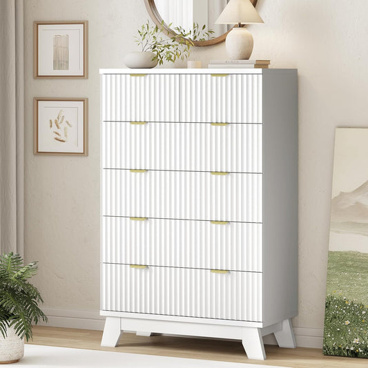 Fluted Dresser for Bedroom with 6 Drawers, 46" Tall Modern Chest of Drawers with Metal Handle, Wooden Dresser TV Stand, Wood Closet Clothes Storage Organizer for Living Room, Hallway, White