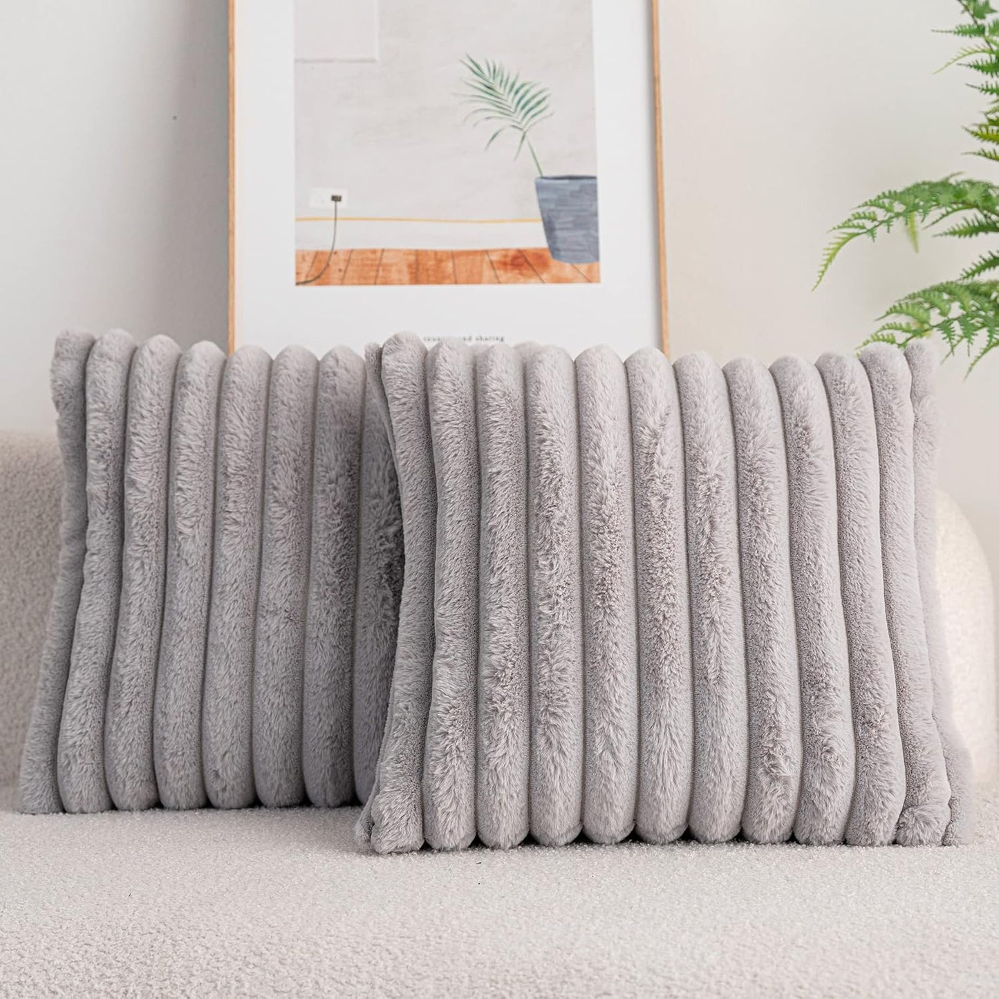 DEELAND Pack of 2,Double-Sided Faux Fur Plush Decorative Throw Pillow Covers Fuzzy Striped Soft Pillowcase Cushion Covers for Sofa Couch Bedroom Lightgrey 26x26 inch