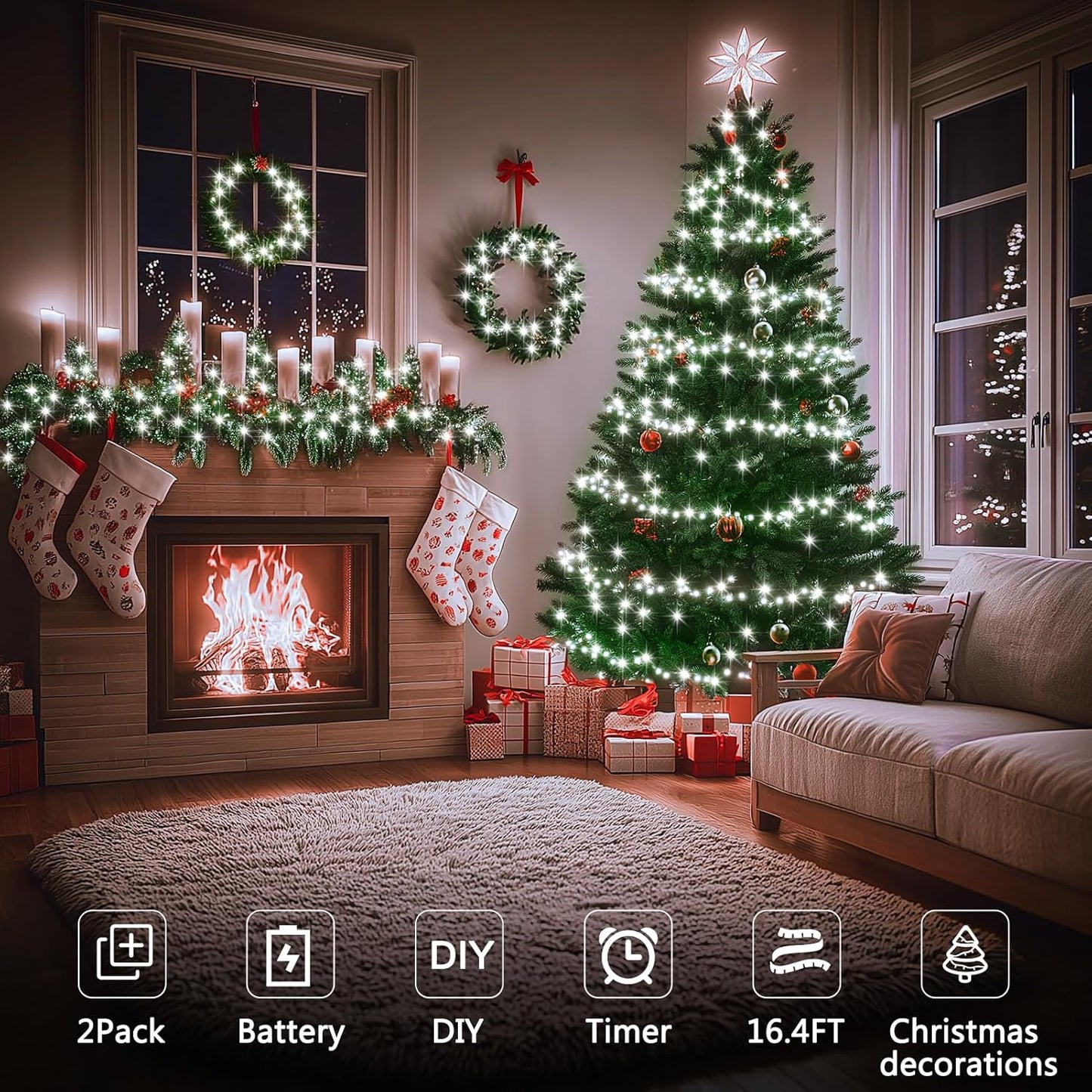 2 Pack Christmas Fairy Lights Battery Operated, 16.4FT 50 LED Dark Green Wire Micro Starry Twinkle Light with Auto Timer Waterproof, Indoor String Lights for Indoor Outdoor Yard Decor (Cool White)