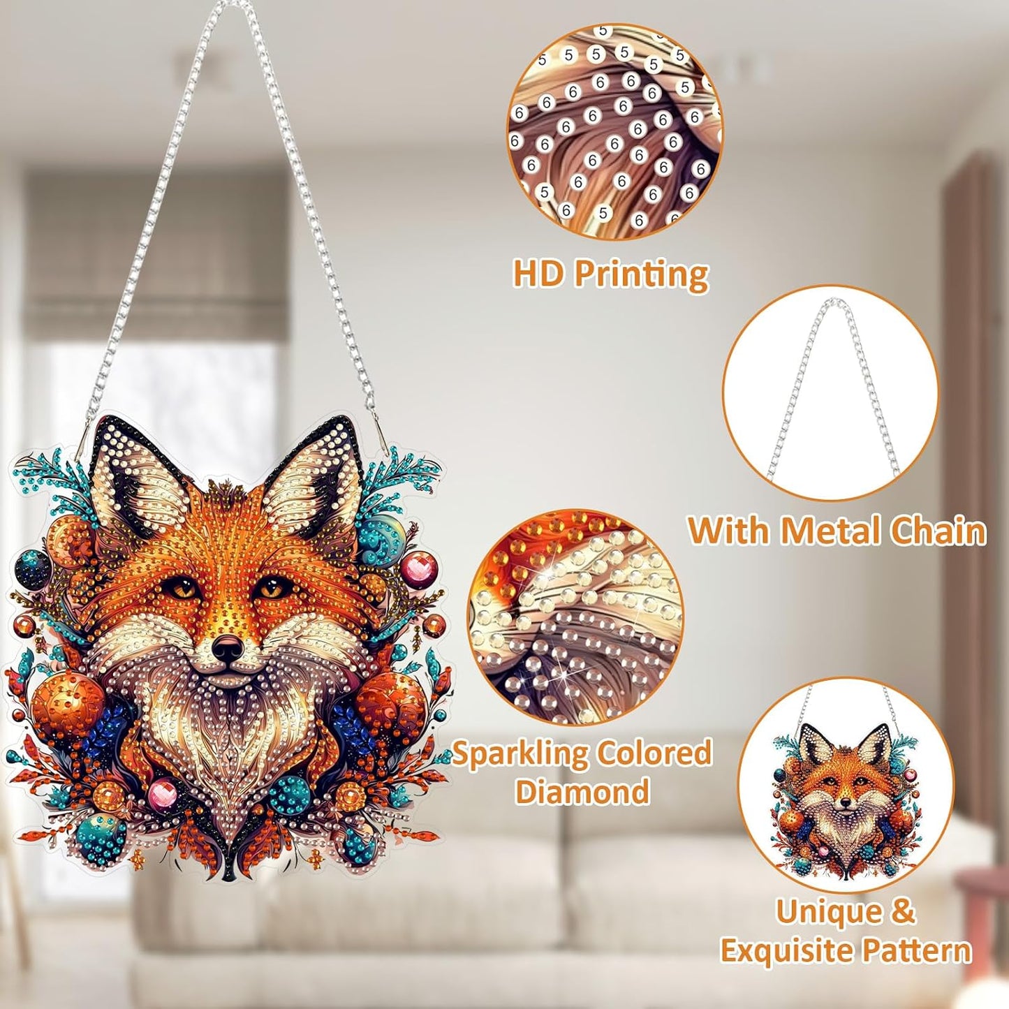 SENQAO Fox Diamond Art Hanging Kit for Adult, Special Shaped Rhinestone, Double Sided DIY Acrylic Diamond Art Painting Window Pendants Home Garden Wall Hanging Kits Hanging Ornament