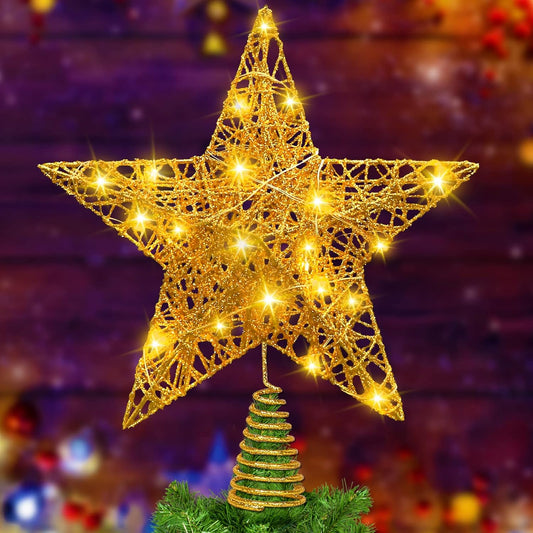 11.8 Inch LED Star Tree Topper - Gold Metal Ornament with 20 Lights for Christmas Tree Decoration