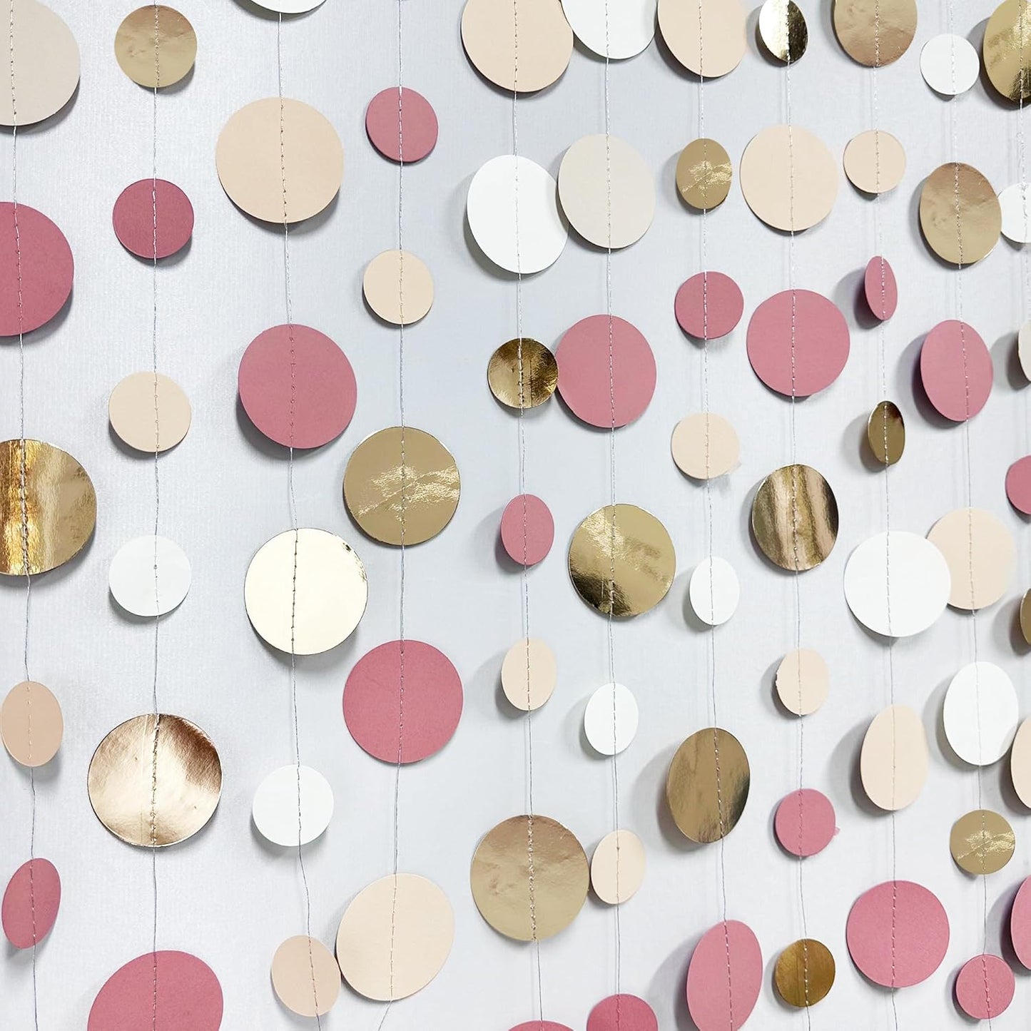 Champagne Gold Dusty Pink Decorations Circle Dots Garland Gold Pink Nude Neutral Cream White Boho Hanging Polka Dot Streamer for Bridal Shower Birthday Wedding Engagement Baby Shower Party Supplies