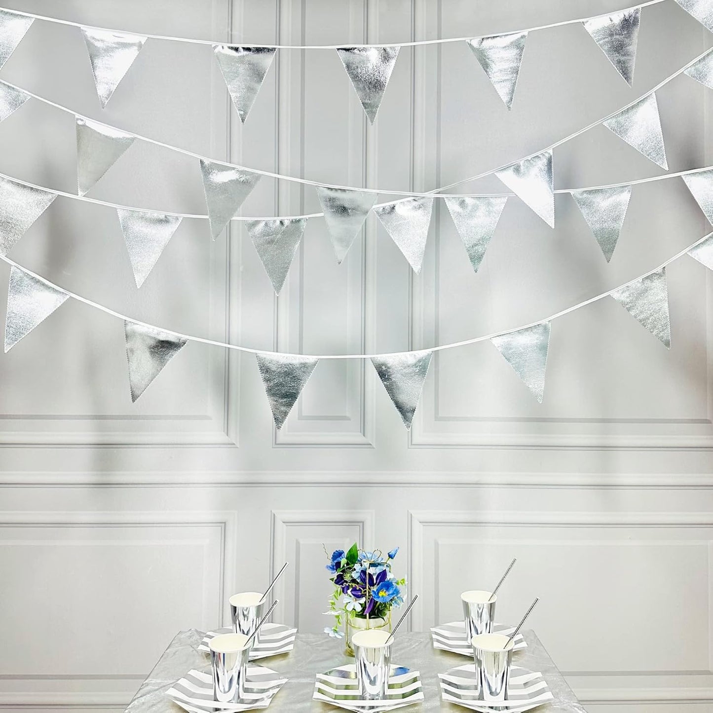 Silver Party Decorations Metallic Fabric Triangle Pennant Banner Silver Flag Bunting Garland for Graduation Birthday Wedding Bridal Shower Anniversary Engagement Bachelorette Party Decoration Supplies