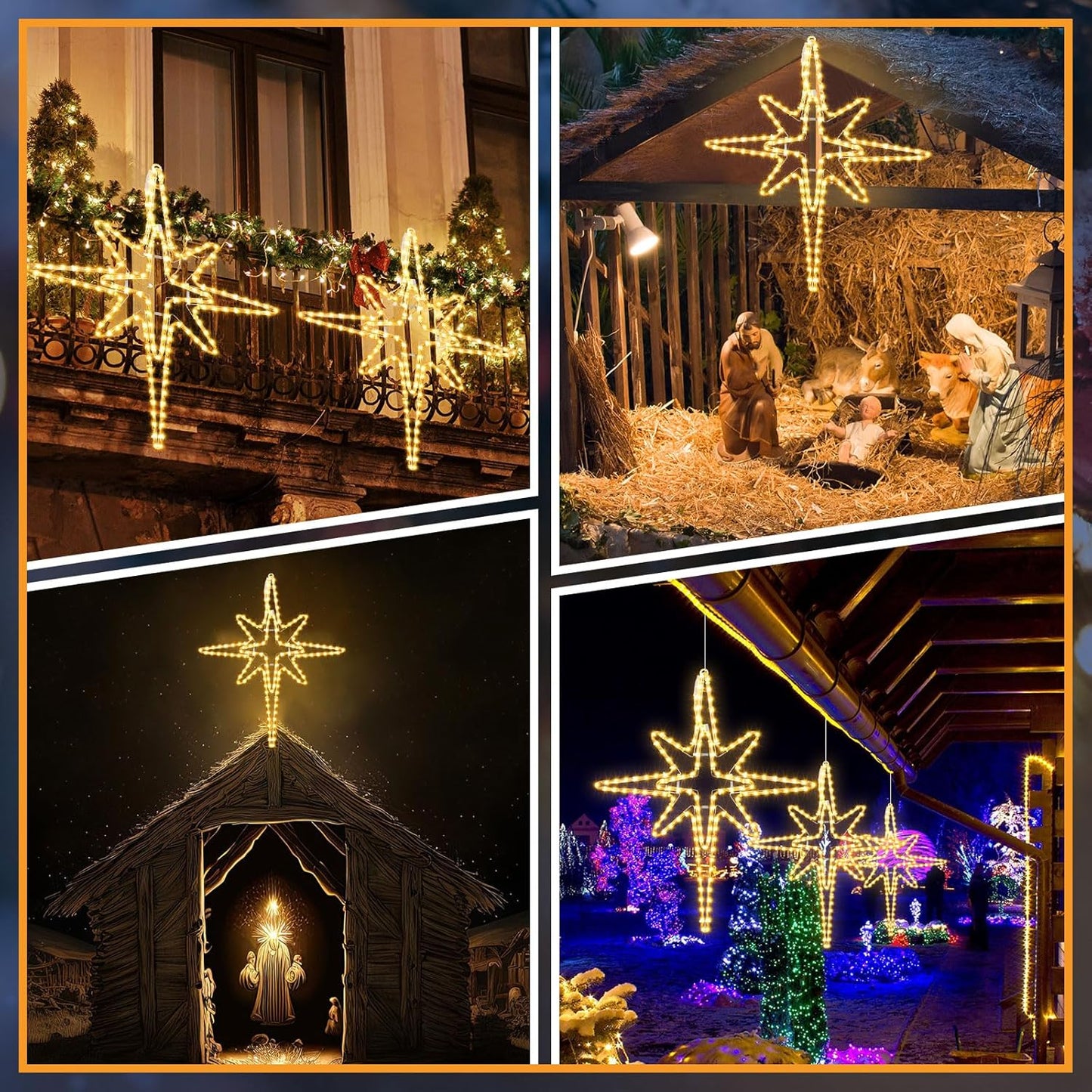 28" Christmas Star of Bethlehem LED Star Hanging Lights Nativity Holy Family Light for Door Window Porch Wall Decoration Plug Operated Lighted Hanging Tree Topper(Warm Light)