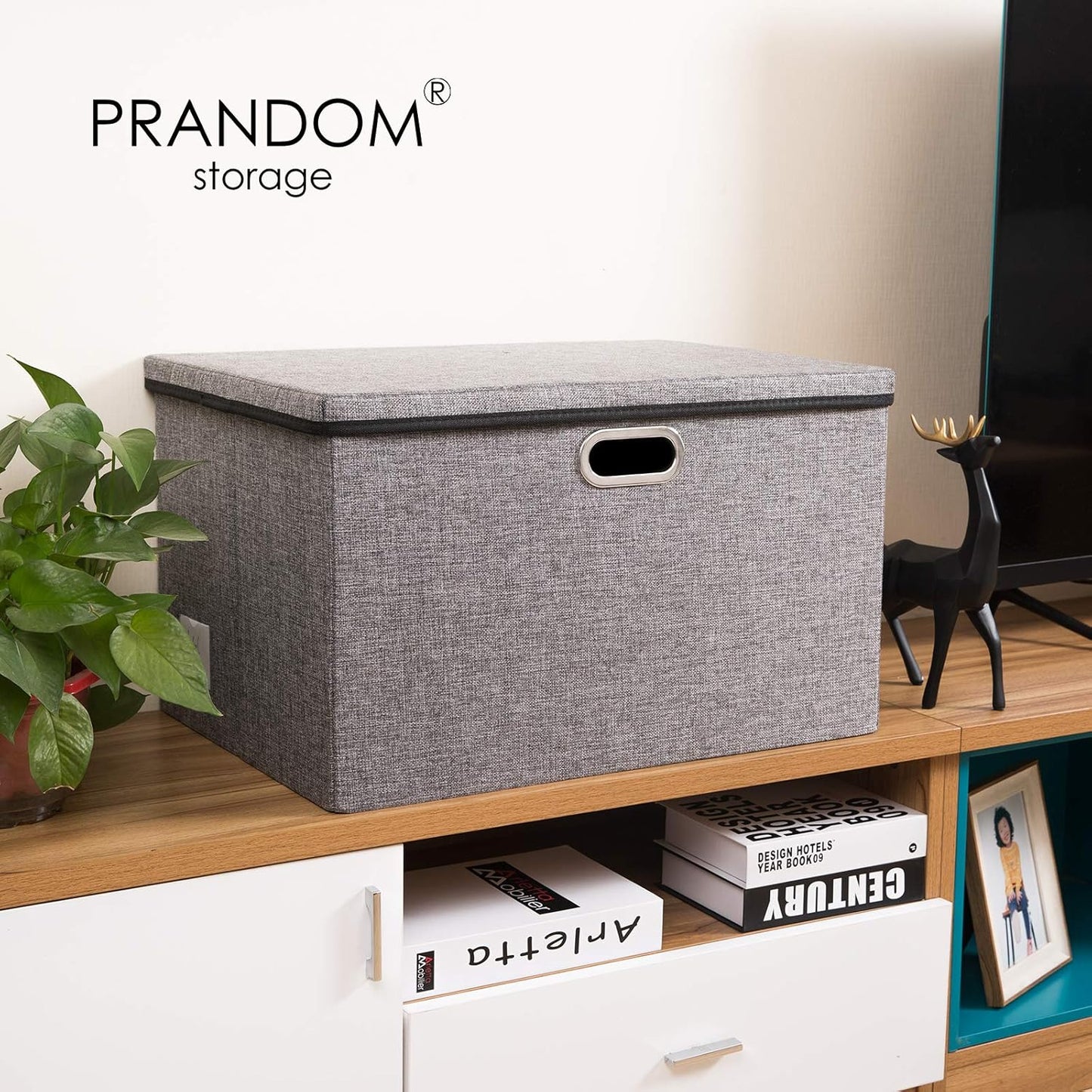 PRANDOM Extra Large Collapsible Storage Bins with Lids [5-Pack] Linen Fabric Foldable Storage Baskets Boxes Organizer Containers Cube with Cover for Bedroom Closet Office Nursery (22.8x15.75x13.8)