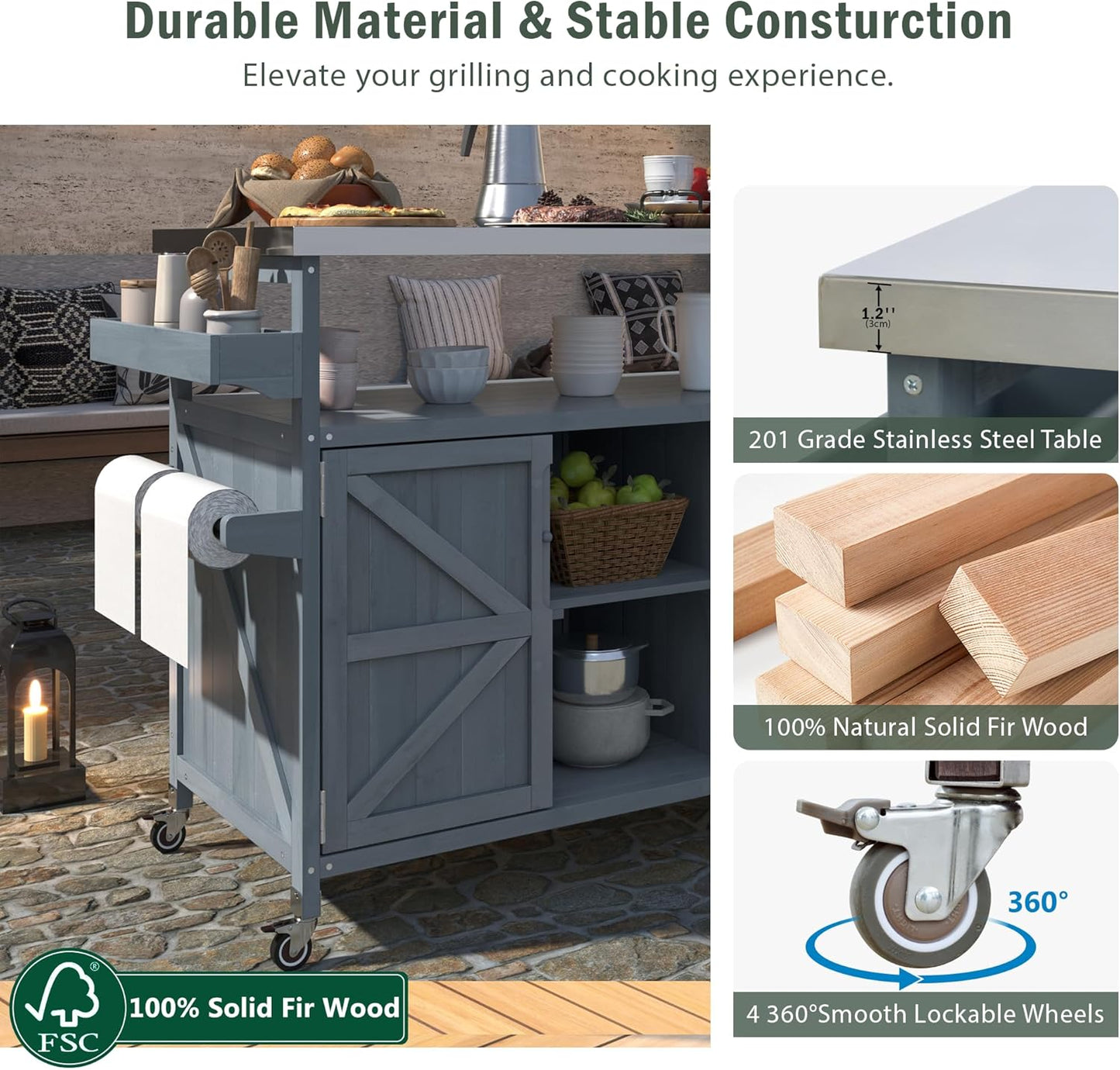 50.25" Outdoor Kitchen Island with Rolling Bar Cart & Storage Cabinet, Farmhouse Solid Wood Grill Table with Stainless Steel Top, Spice Rack & Towel Rack for Kitchen & BBQ (Grey Blue)