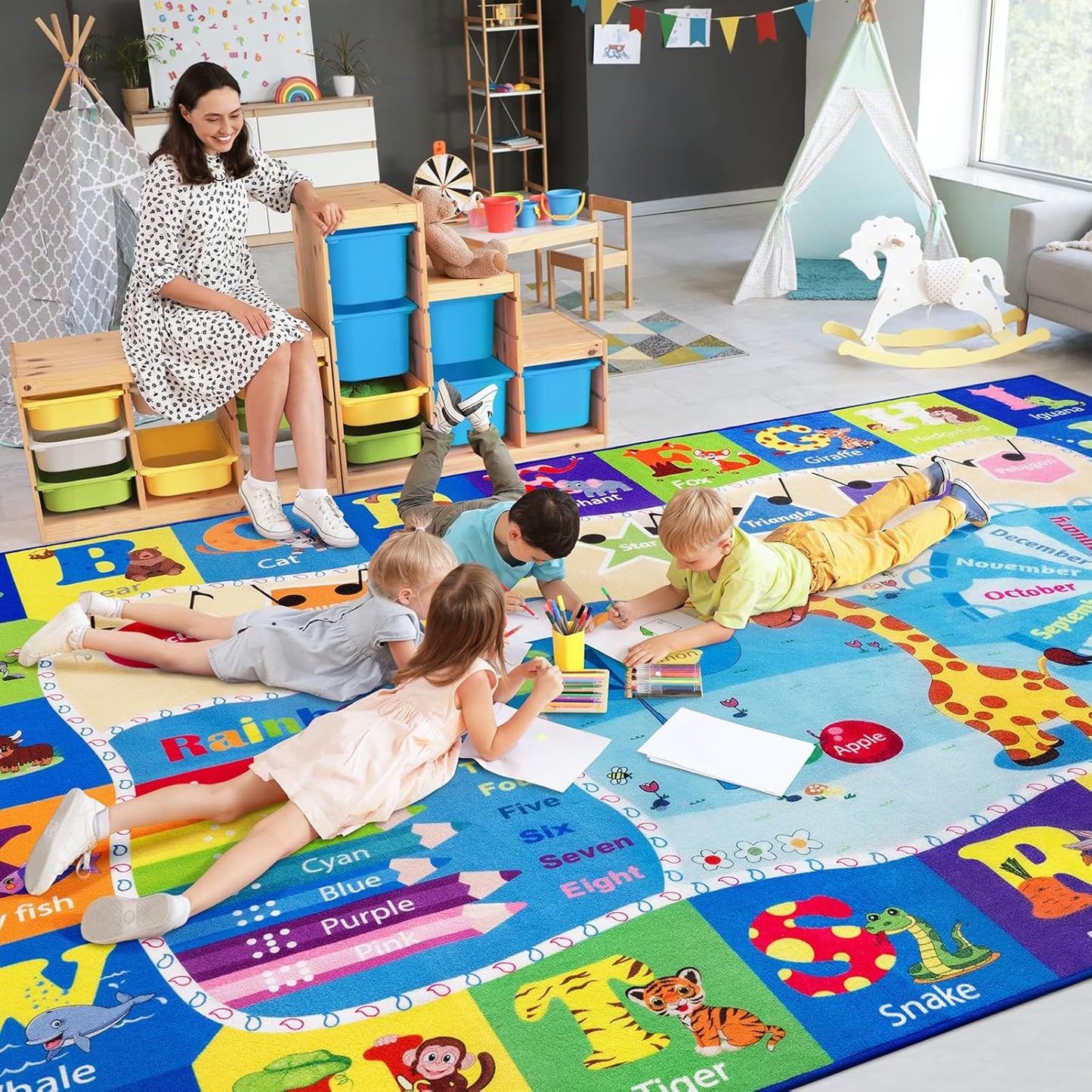 Kids Rugs for Playroom Washable, Educational and Fun Learning Rugs with ABC Alphabet Animals Shapes, Baby Toddler Children's Play Mat for Bedroom Classroom Nursery, 5x7 Feet, Blue