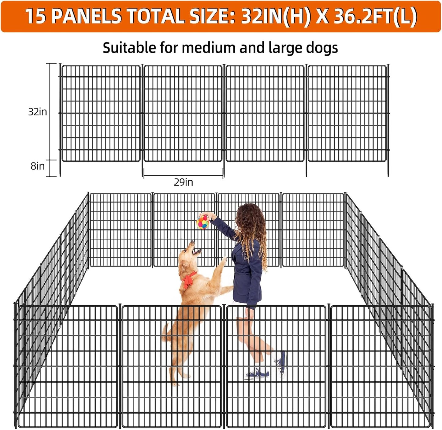15 Panels No Dig Fence with Gate, 32 in(H) X 36 ft(L) Garden Decorative Fence Animal Barrier for Dogs, Rustproof Metal Garden Edging Border for Outdoor, Yard, Patio, Black