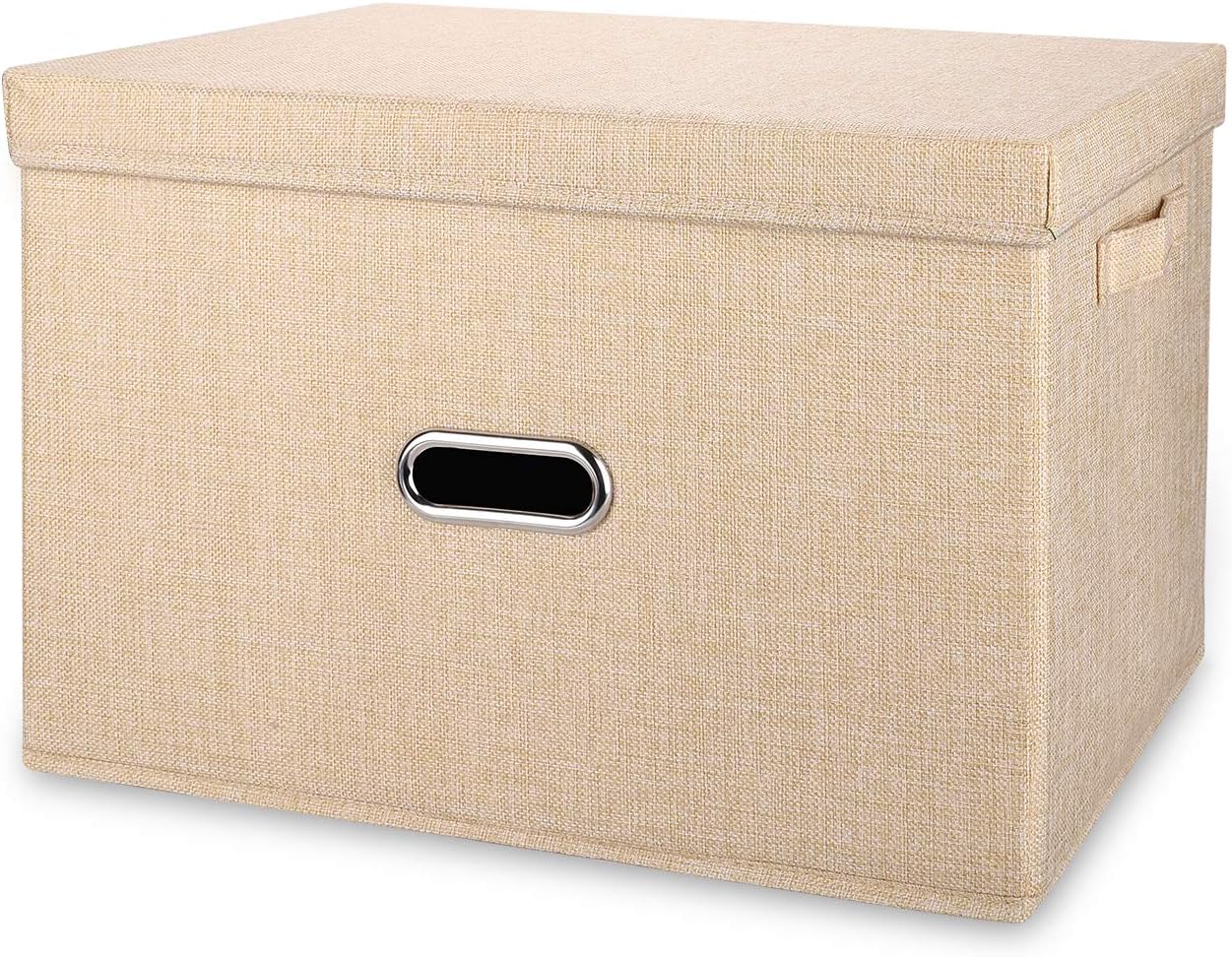Linen Fabric Collapsible Storage Bins with Removable Lids and Handles, Washable Storage Box Containers Baskets Cube with Cover for Bedroom,Closet,Office,Living Room,Nursery (Khaki, Medium)