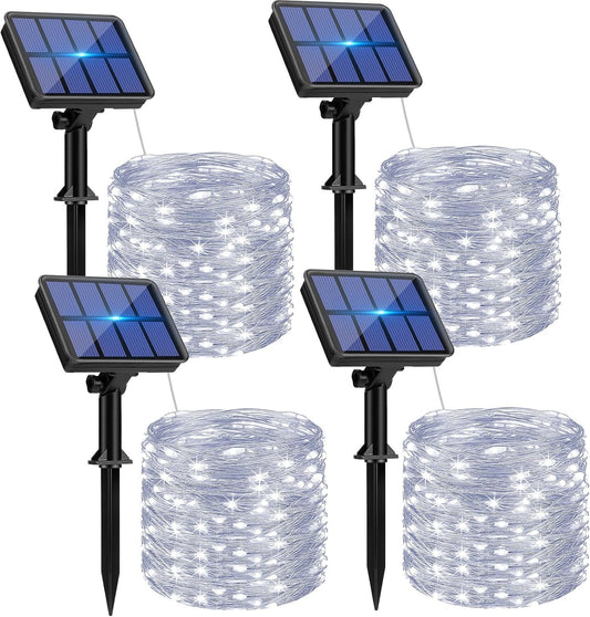 4 Pack Solar String Lights Outdoor - 320LED 132FT Solar Fairy Lights Outside Waterproof with 8 Modes, Copper Wire Twinkle Solar Outdoor Lights for Garden Yard Tree Christmas Wedding Decor, Cool White