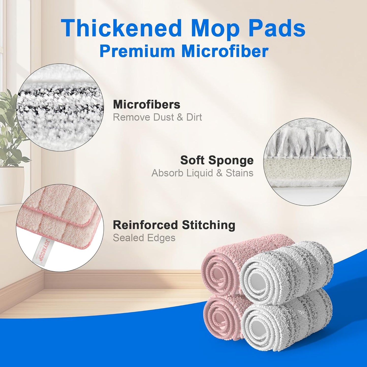 JOYMOOP Mop Replacement Pads, Reusable Microfiber Mop Pads for 13-inch Flat Mop and Mop Bucket Set, Pack of 4 Refills - Stripe and Pink