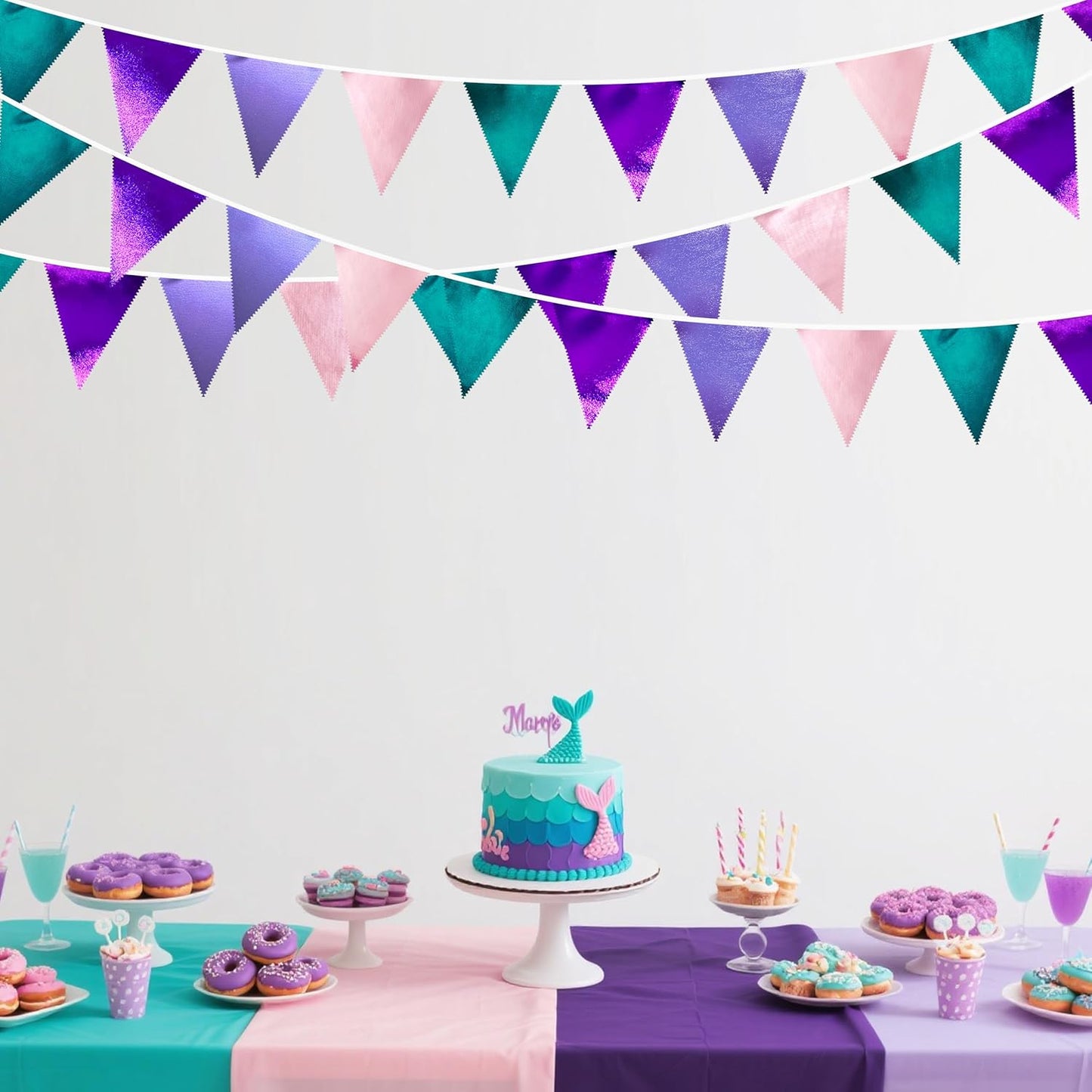 Mermaid Party Decorations Purple Pink and Teal Aqua Metallic Fabric Triangle Pennant Banner Flag Bunting Garland for Mermaid Under the Sea Birthday Wedding Baby Shower Engagement Party Supplies