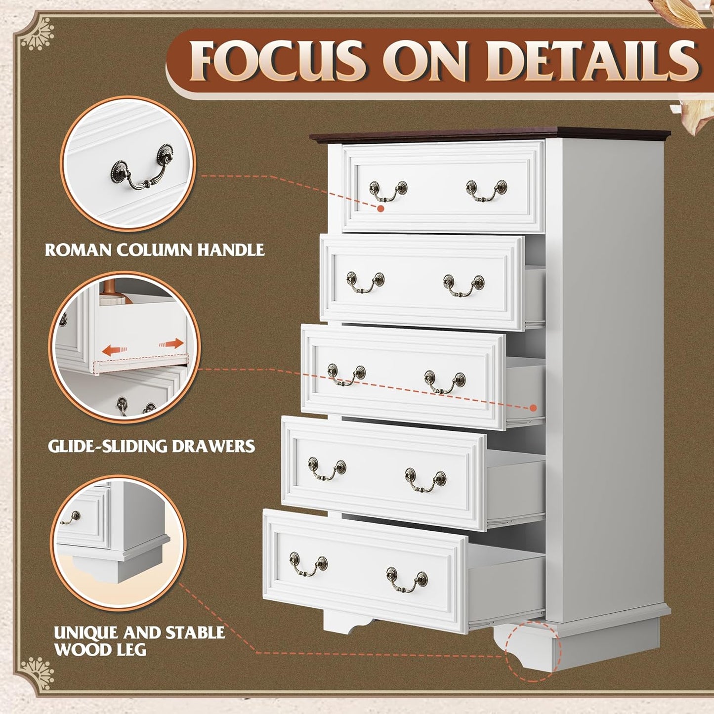 WLIVE Farmhouse Dresser for Bedroom, Wood Dresser with 5 Drawer, Chest of Drawers with Roman Metal Handle for Living Room, White