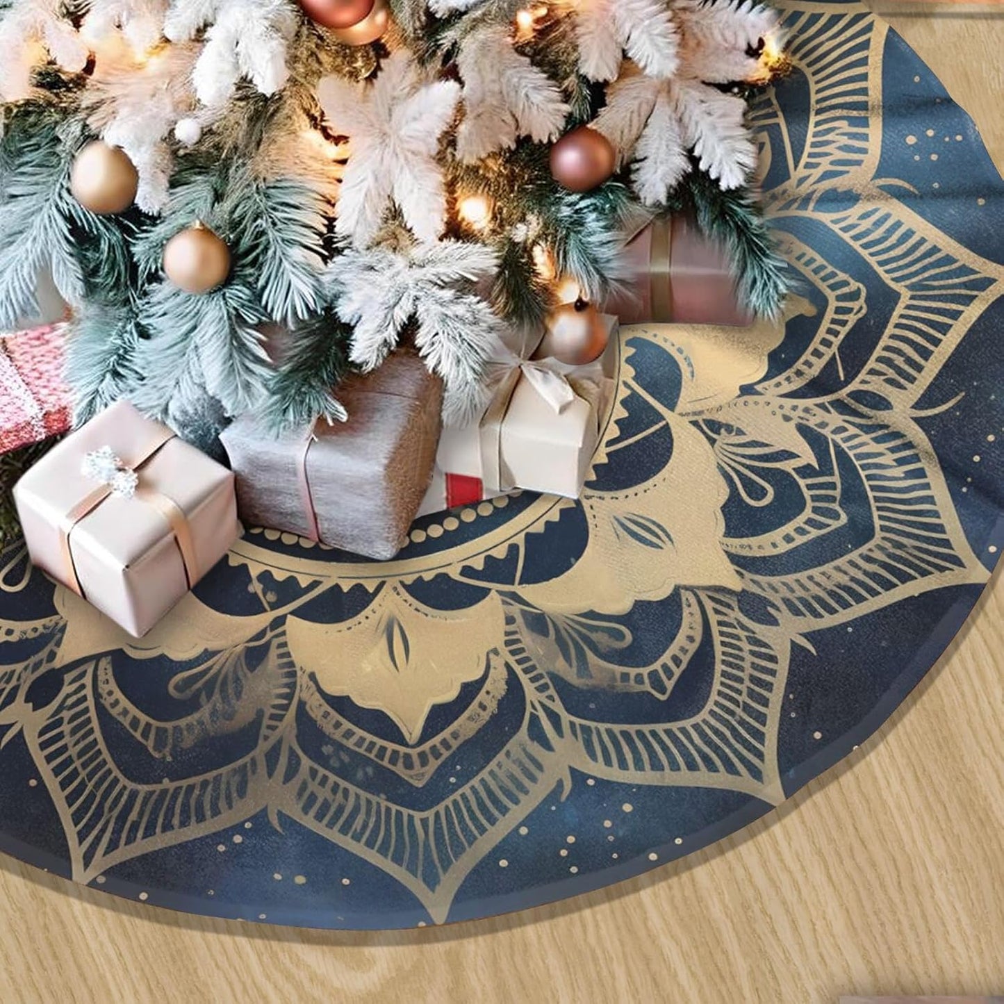 36" Elegant Gold Mandala Christmas Tree Skirt, Blue Galaxy Tree Mat Base Cover for Xmas Festive Holiday Party Decoration Ornaments