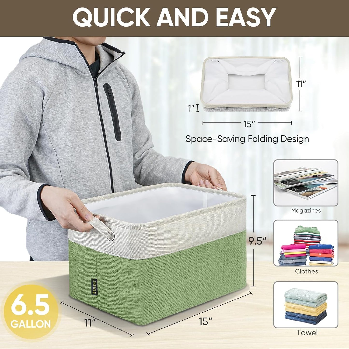 BALEINE 3 Pack Fabric Storage Bins for Shelves, Linen Storage Baskets for Organizing, Decorative Closet Bins for Clothes, Home (Green, 15''x11''x9.5'')